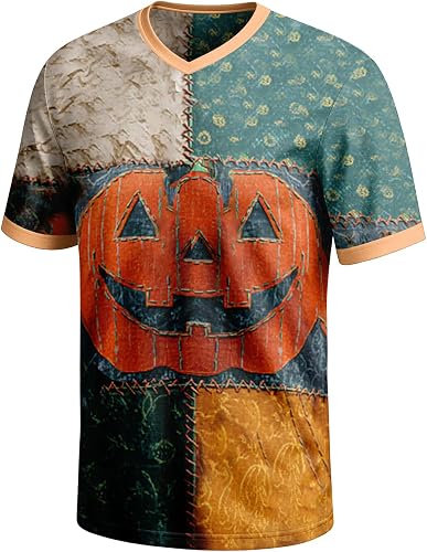 Halloween Short Shirt Men Patchwork Block Pumpkin Graphic T 