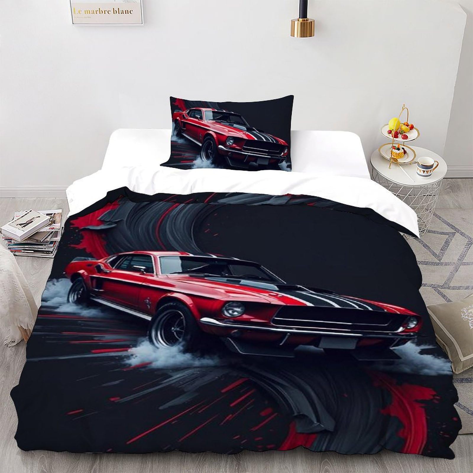 Voiture de Sport Rouge Housse de Couette Enfant Microfibre 135x200 Lit 1 Place avec Taie