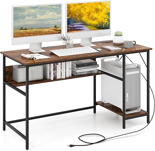 Escritorio para computadora, grande, marrón rústico + negro