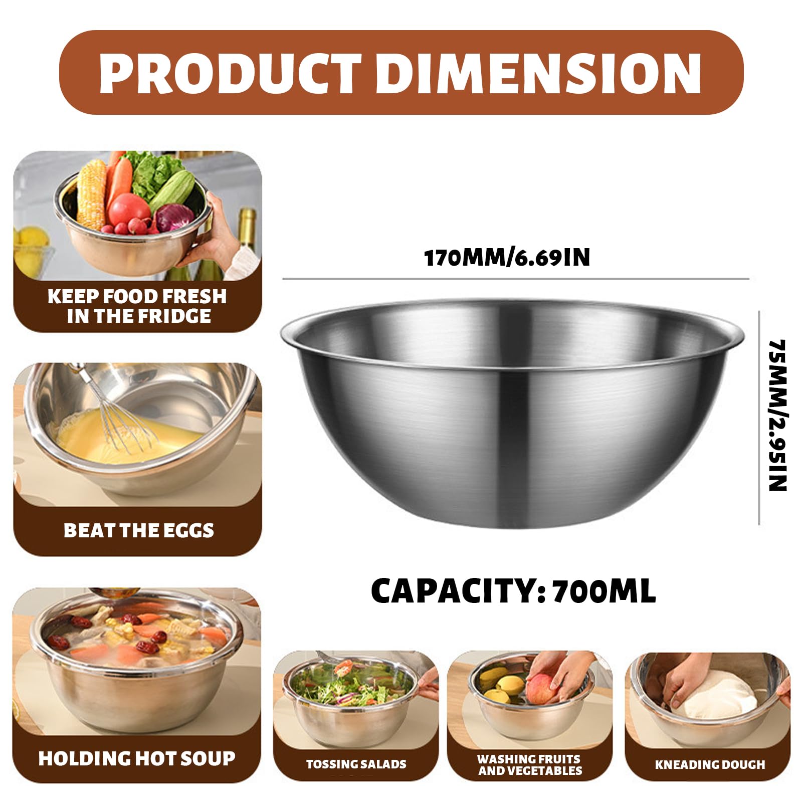6 Pezzi Ciotole Acciaio Inox Cucina Ø 17cm Ciotola Insalata, Mixing Bowl Set per Ciotola di Cereali, Salse, Snack, Mescolare - Lavabili in Lavastoviglie