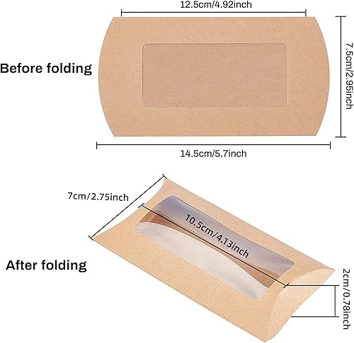 Miniatura 2 de BENECREAT 30 cajas de almohada de papel kraft marrón de 4 x 2.8 x 0.8 pulgadas con ventana transparente, caja de embalaje de dulces para cumpleaños,