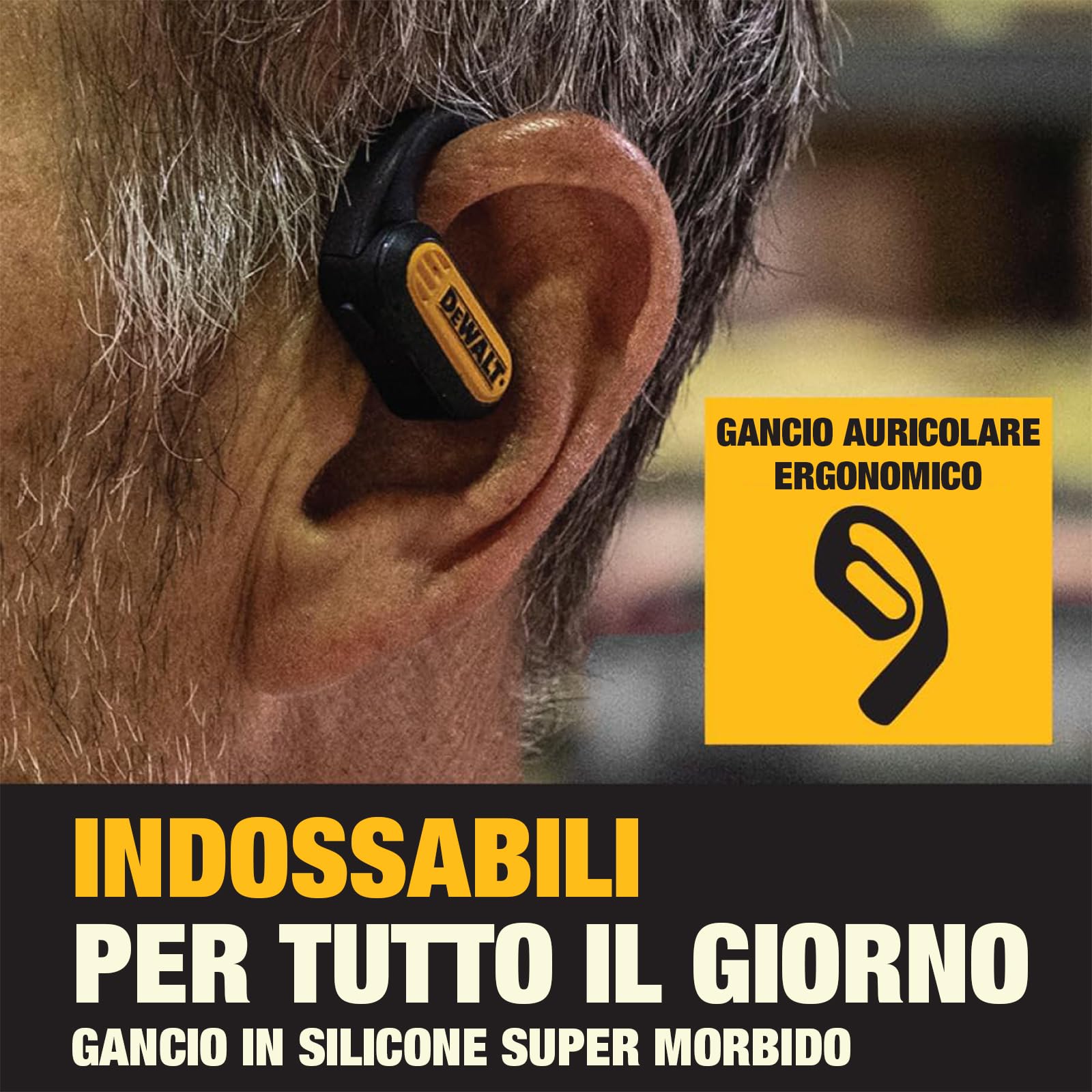 DEWALT Cuffie Open Ear Heavy Duty, Auricolari Wireless Bluetooth 5.3 IP55, Fino a 44 Ore di Autonomia, Suono Premium a Conduzione Aerea con Archetti per Cantieri e Allenamenti