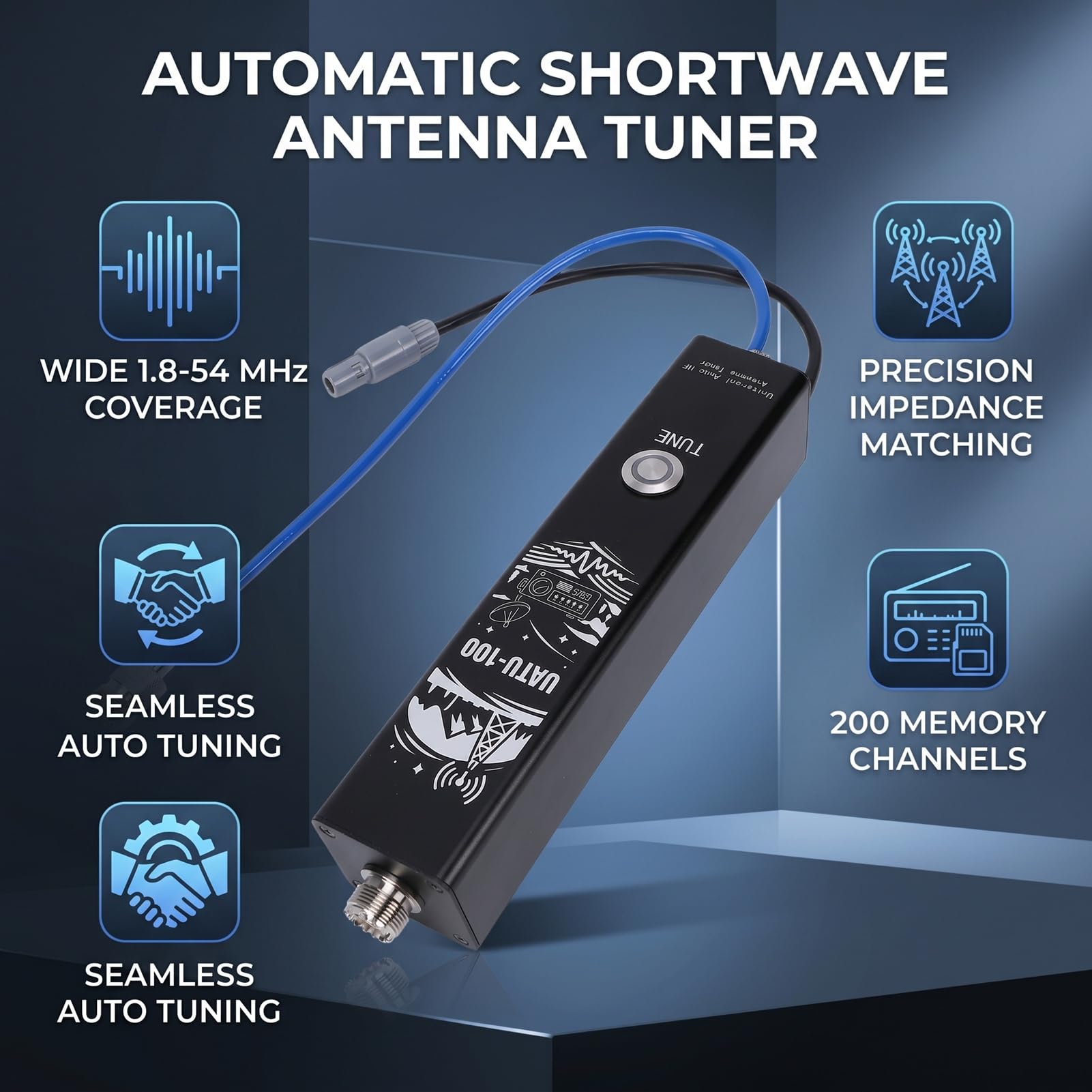 Uniwersalny Tuner Automatyczny UATU 100 1,8 do 54 MHz, Krótkofalówka HF 100W SSB 50W CW z 200 Pamięciami