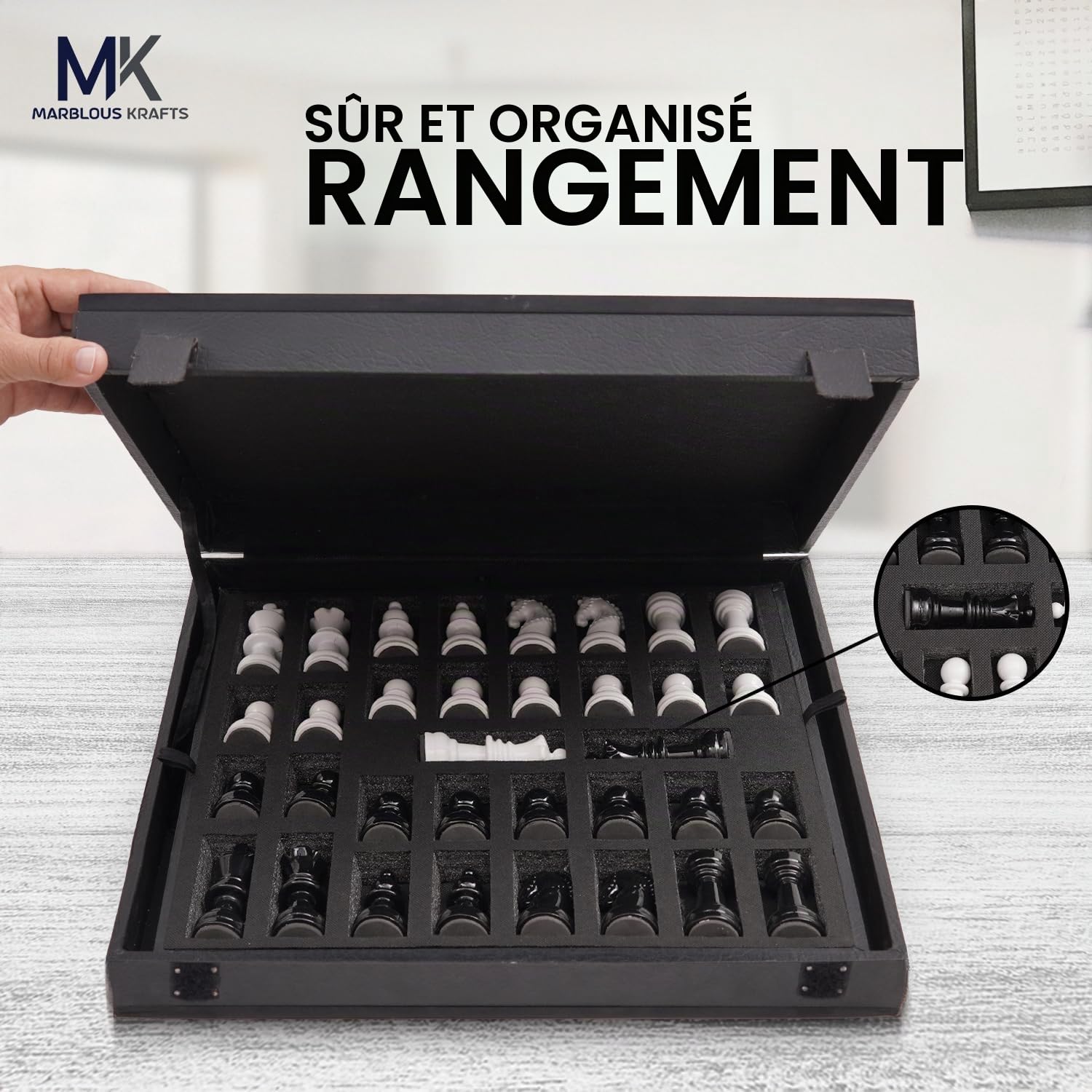 Marblous Krafts Jeu d'échecs noir et blanc de 38,1 cm avec 32 figurines métalliques et 2 reines supplémentaires et plateau en marbre – Grand jeu d'échecs et jeux d'échecs faits à la main Staunton pour