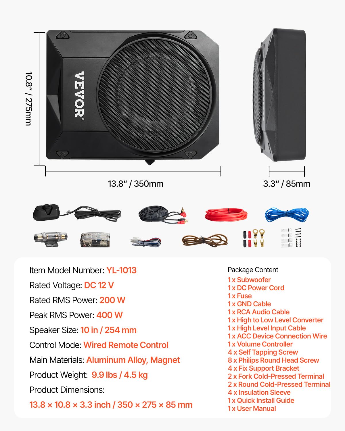 VEVOR Subwoofer 400 W 254 mm sottile con amplificatore integrato ingresso alto/basso controllo volume per camion SUV