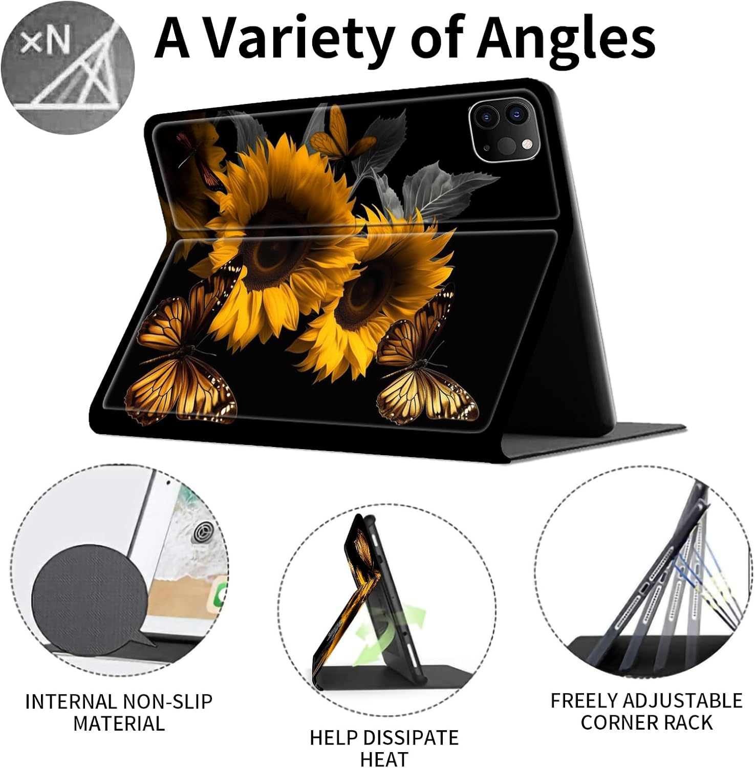 Case for iPad Air 13 Inch 2025/2024/iPad Pro 12.9 (6th/5th/4th Gen 2022/2021/2020),Slim Smart PU Leather Adjustable Stand Protective Cover with Auto Wake/Sleep,Sunflowers and Butterflies