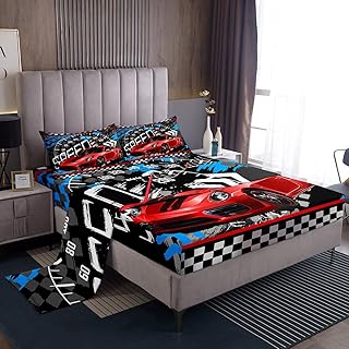 Feelyou Boys Race Car Bed Set Cool Race Sports Car Set Bed Sheets for Kids Boys Sports Theme Sheet Set Checkered Bedding Sheets Red 1 Bed Sheets with 1 Pillowcase Twin Size