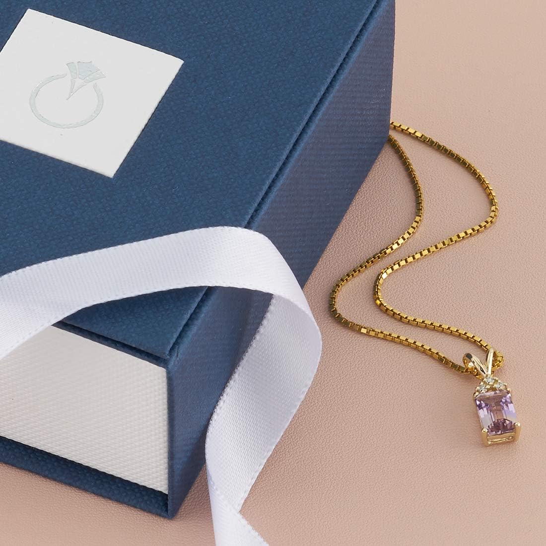 PEORA Solid 14K Yellow Gold Ametrine with Diamonds Pendant for Women, Genuine Gemstone Solitaire, Emerald Cut, 7x5mm, 1 Carat total, Real Ametrine Necklace, Dainty, Pretty Gemstone Necklace
