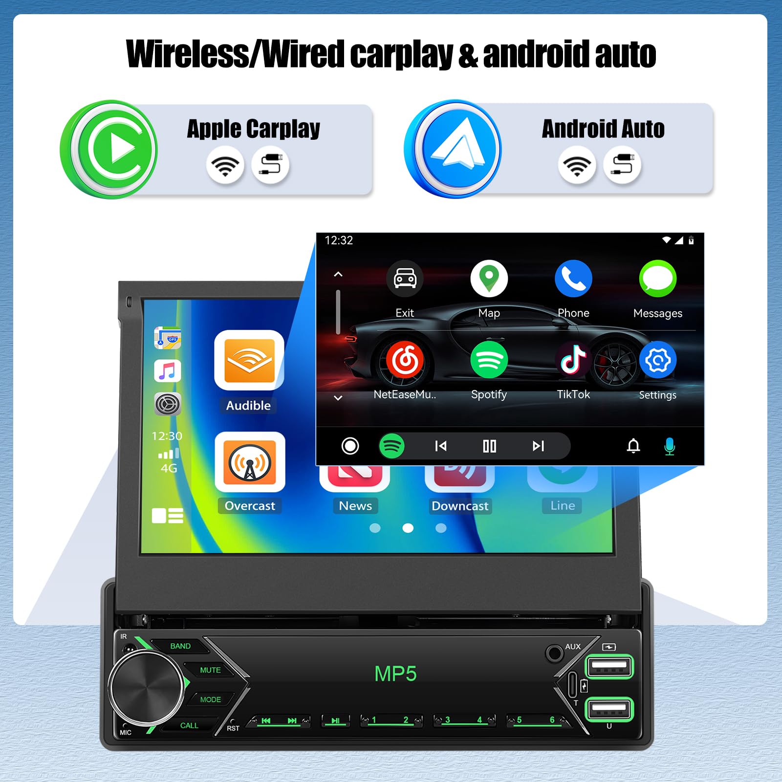 CAMECHO Autoradio 1 DIN 7 Pulgadas con Wireless Carplay, Pantalla Táctil Retráctil Manual de Radio Bluetooth con Android Auto Mirror Link FM Control del Volante USB/AUX +Cámara Trasera