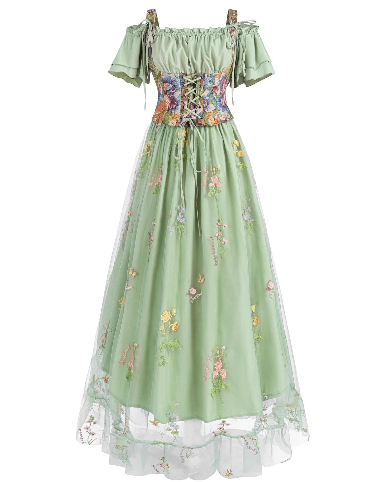 Ensemble de vêtements médiévaux pour femme - Costume d'elfe - Robe maxi 2 pièces en vert - Haut épaules dénudées et jupe en tulle avec broderie florale