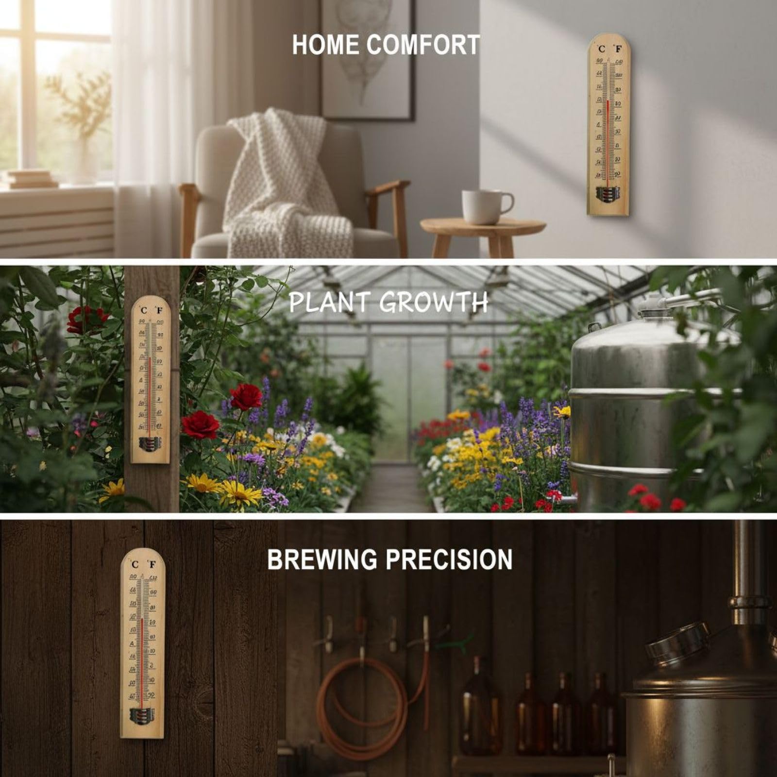 Lot de 5 thermomètres en bois de pin, montage mural, double échelle intérieur/extérieur, affichage suspendu à kérosène, de -40 ℉ à 120 ℉ et de -40 ℃ à 50 ℃, pour maison, serre, fermentation