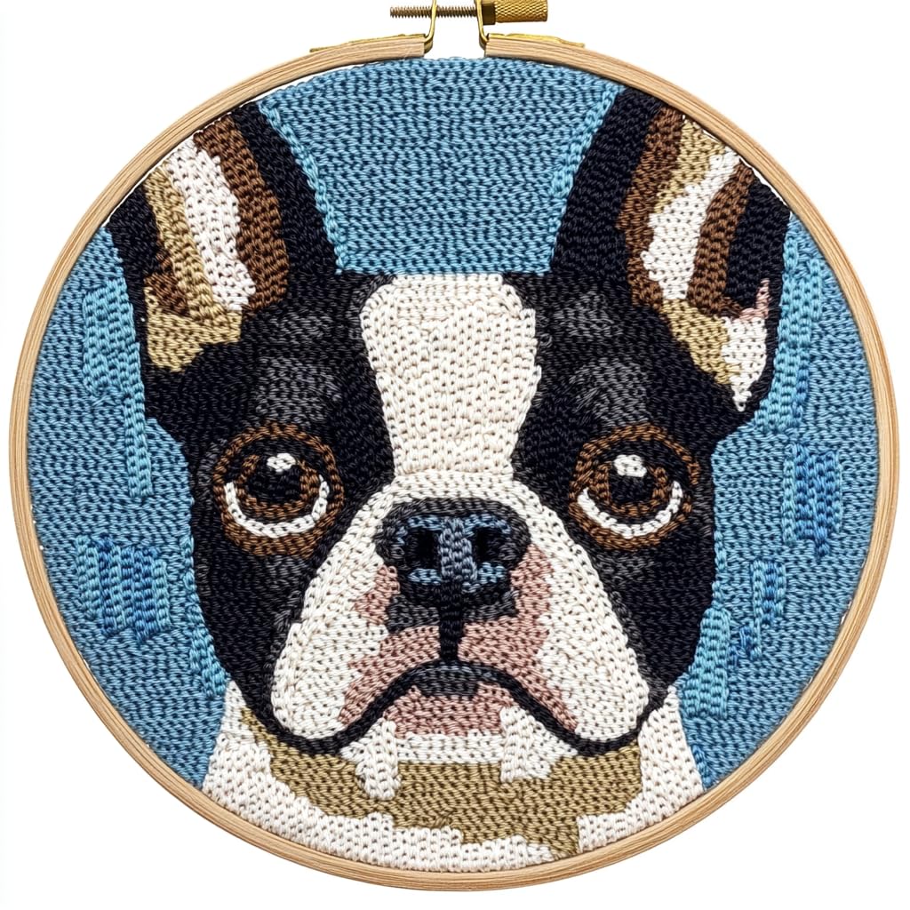 Punch Needle Kits Cute Boston Terrier Dog Face Easy for Beginners DIY Punch Needle Yarn Starter Embroidery Set for Craft Lovers with Printed Pattern and Hoop for Home Decor 20x20cm(1)