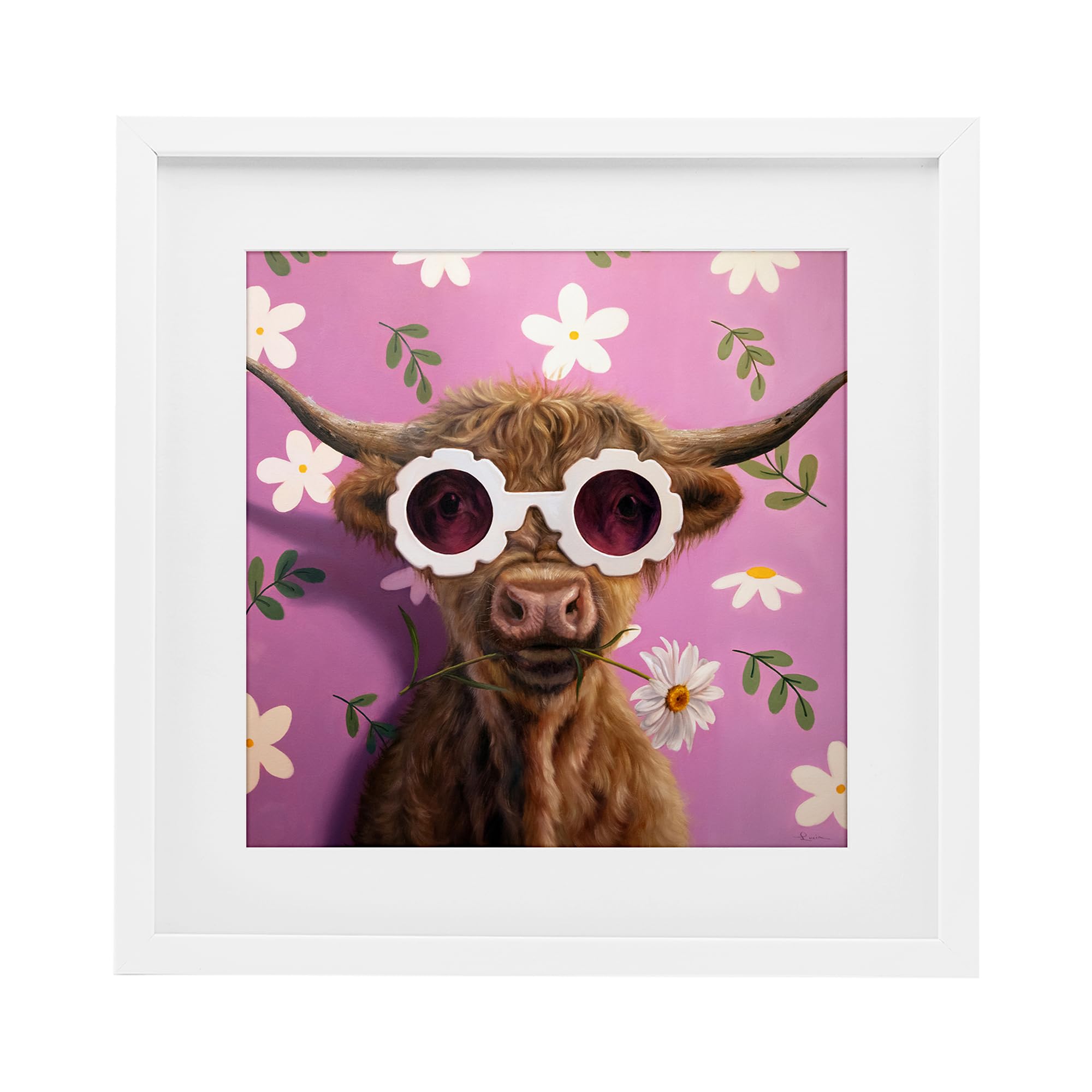 Stupell Industries Coastal White (Textured) Whimsical Daisy Cattle Floral, 16 X 16 Inch Framed Print Under Glass