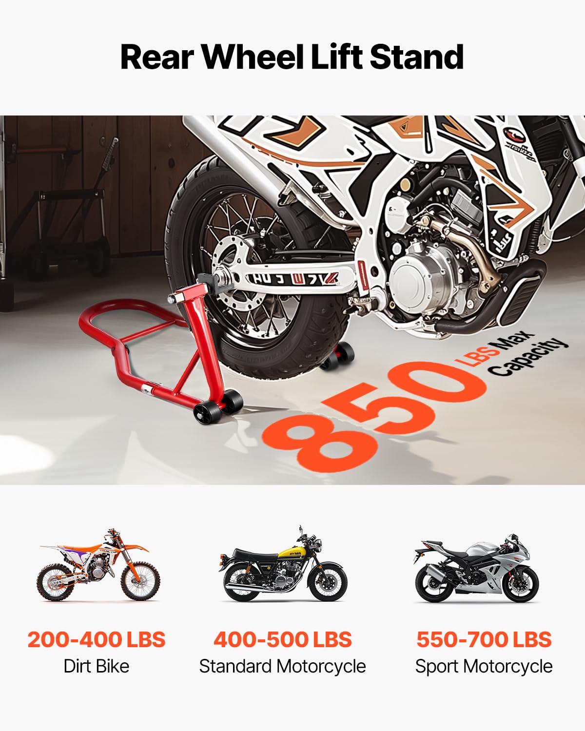 VEVOR Béquille Roue Arrière Capacité de Charge 385,6 kg, Lève Moto avec Fourche U et L, Bras Oscillant, Béquille d’Atelier Réglable pour Suzuki, Yamaha, Honda, Kawasaki, pour Entretien Montage, Rouge
