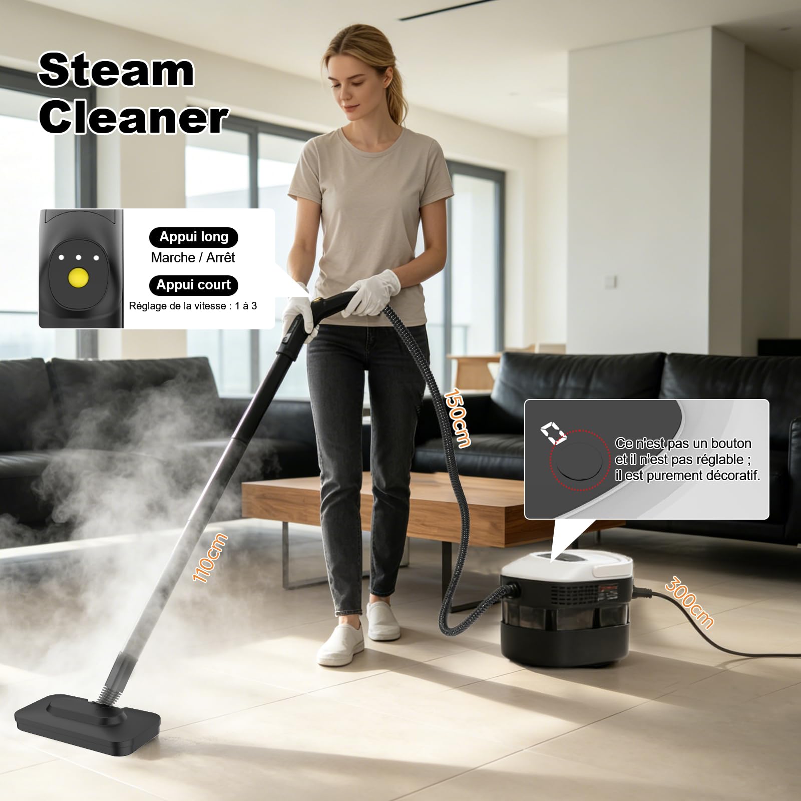 Nettoyeur Vapeur avec Balai, Poignée Réglable à 3 Positions, Chariot de Transport, Réservoir d'eau de 1,6 L, Temps de Chauffe de 15 Secondes, 17 Accessoires, pour Sols, Cuisines, Fenêtres