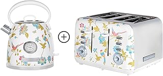 Laura Ashley Elveden White Kettle and Toaster Set by VQ - Stainless Steel Body 1.7L Electric Kettle with 3kW Fast Boil, Boil Dry Protection and 4Slice Toaster with Defrost & Reheat Mode & Warming Rack