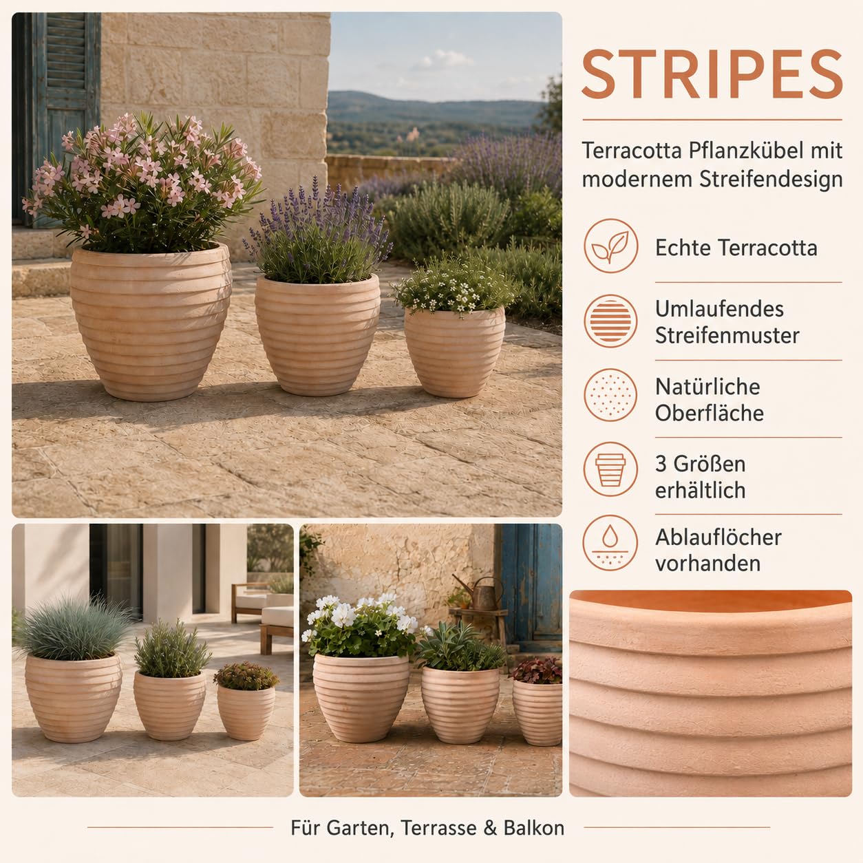 Terracotta Pflanzkübel Stripes Mediterran Blumentopf Garten Terasse Indoor & Outdoor Frostfest (3er Sparset)