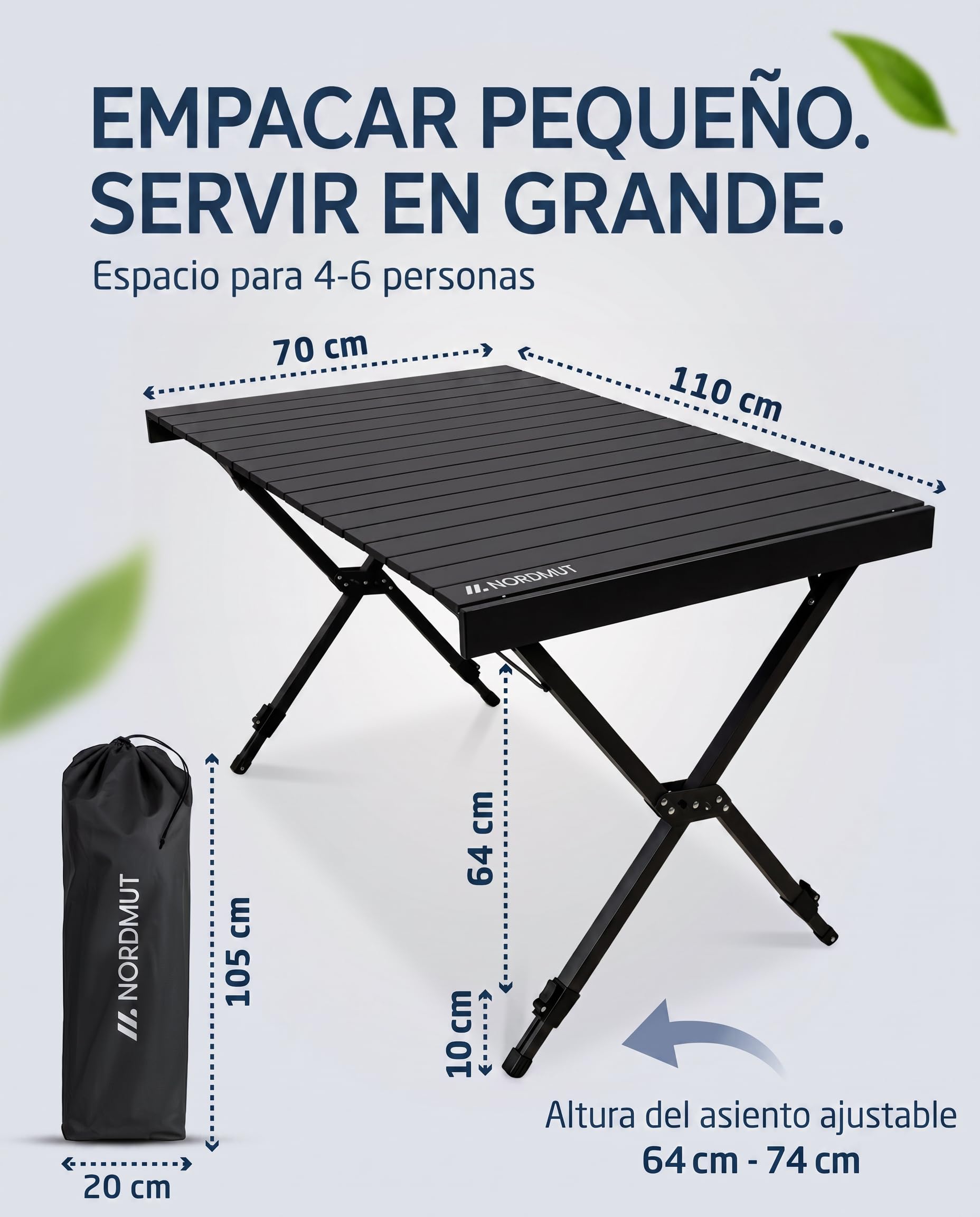 NORDMUT® Mesa de camping plegable – Mesa plegable de aluminio de alta calidad – Mesa de camping inoxidable regulable en altura con fácil montaje (antracita, 110 x 70 cm)