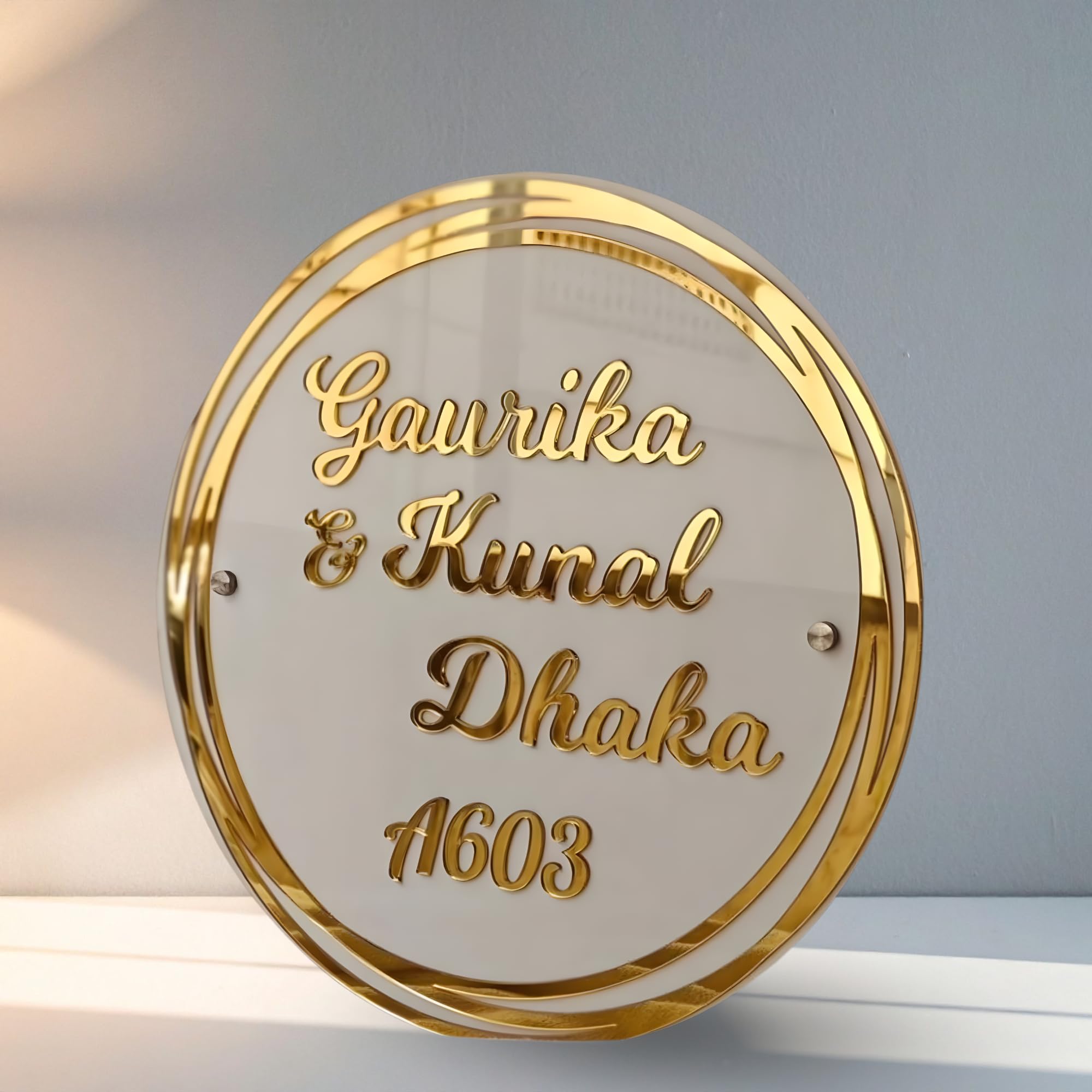 Personalized Acrylic Body Name Plate for Home Entrance Outdoor | Waterproof Customized Designer White Door Plates for Flat, Bungalow & Apartment | Golden embossed Letters | Round Signage Plate for House Door (12 X 12 Inch)-image-24