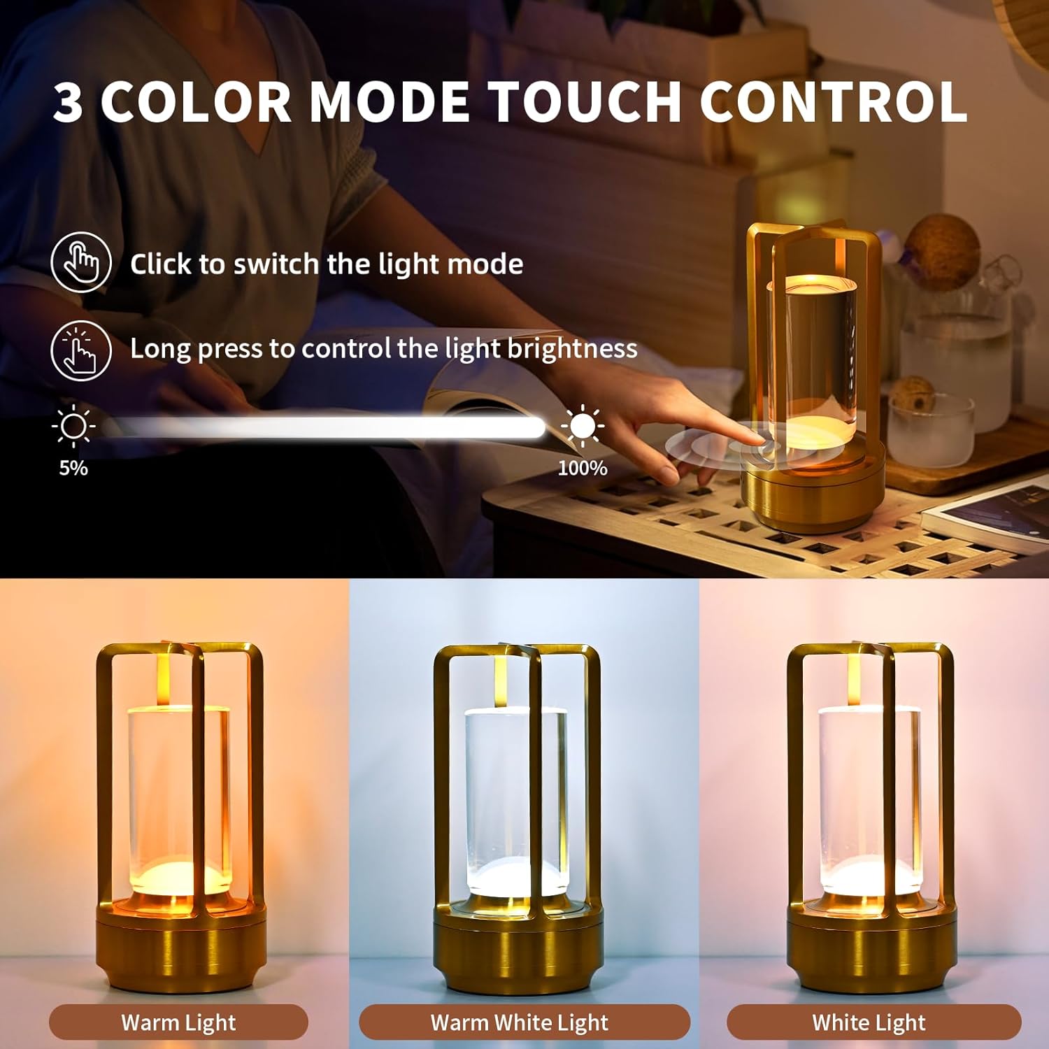 2 Pack Crystal Lantern lamp with Touch Dimming, Rechargeable LED Table Lamp, 3-Color Adjustable Brightness, 4200mAh Battery Powered Desk Light for Bedroom, Restaurant, Outdoor