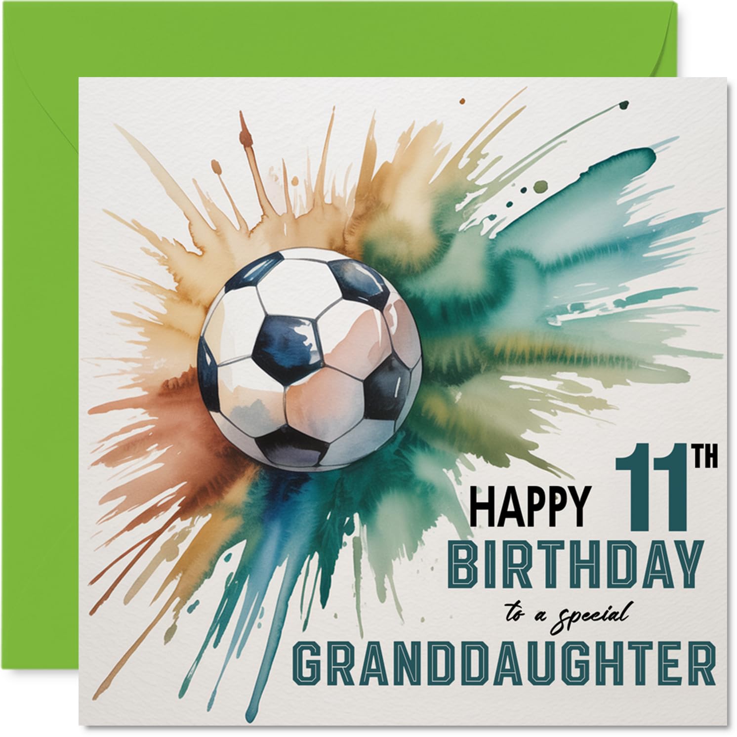 11th Birthday Cards for Granddaughter - Watercolour Football Splash - Happy Birthday Card for 11 Year Old Granddaughter from Grandad Grandma, 145mm Bday Greeting Cards
