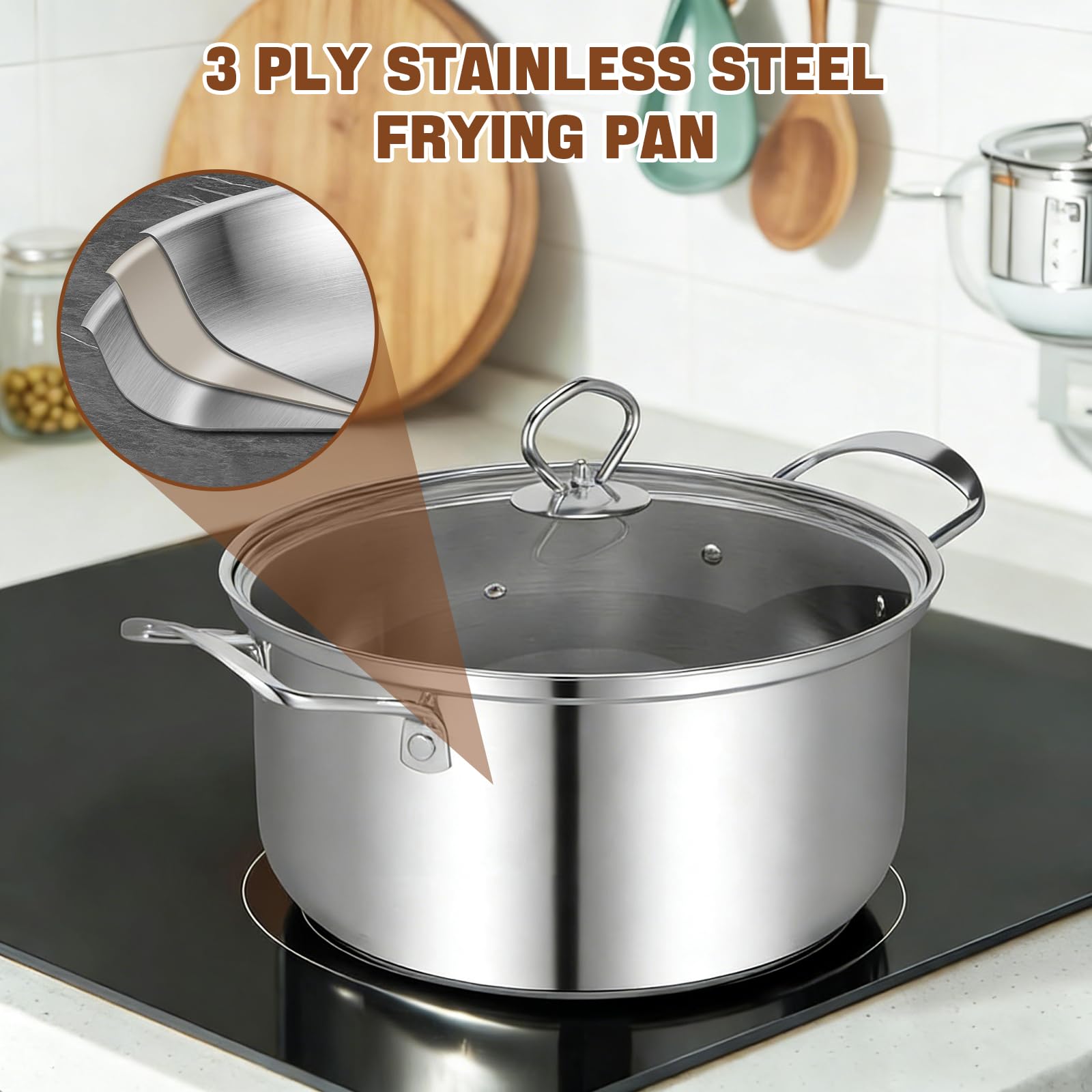 Lot de 10 Casseroles Inox avec Couvercles en Verre - Batterie de Cuisine Professionnelle - Sans Revêtement Antiadhésif - Compatible Induction, Gaz et Electrique - Ustensiles de Cuisson Tout Feux