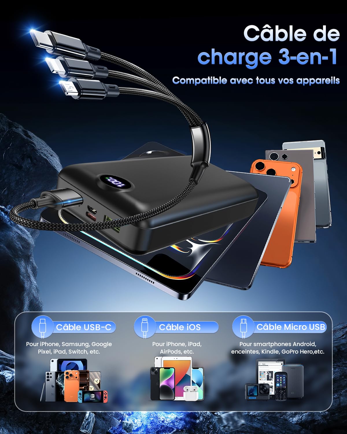 Batterie Externe 50000mAh Charge Rapide,Câble 3 en 1 Power Bank Grande Capacité 22,5W, USB-C avec 3 Sorties 2 Entrées Écran LED Chargeur Portable, Compatible avec Smartphone Android,Tablet Noir