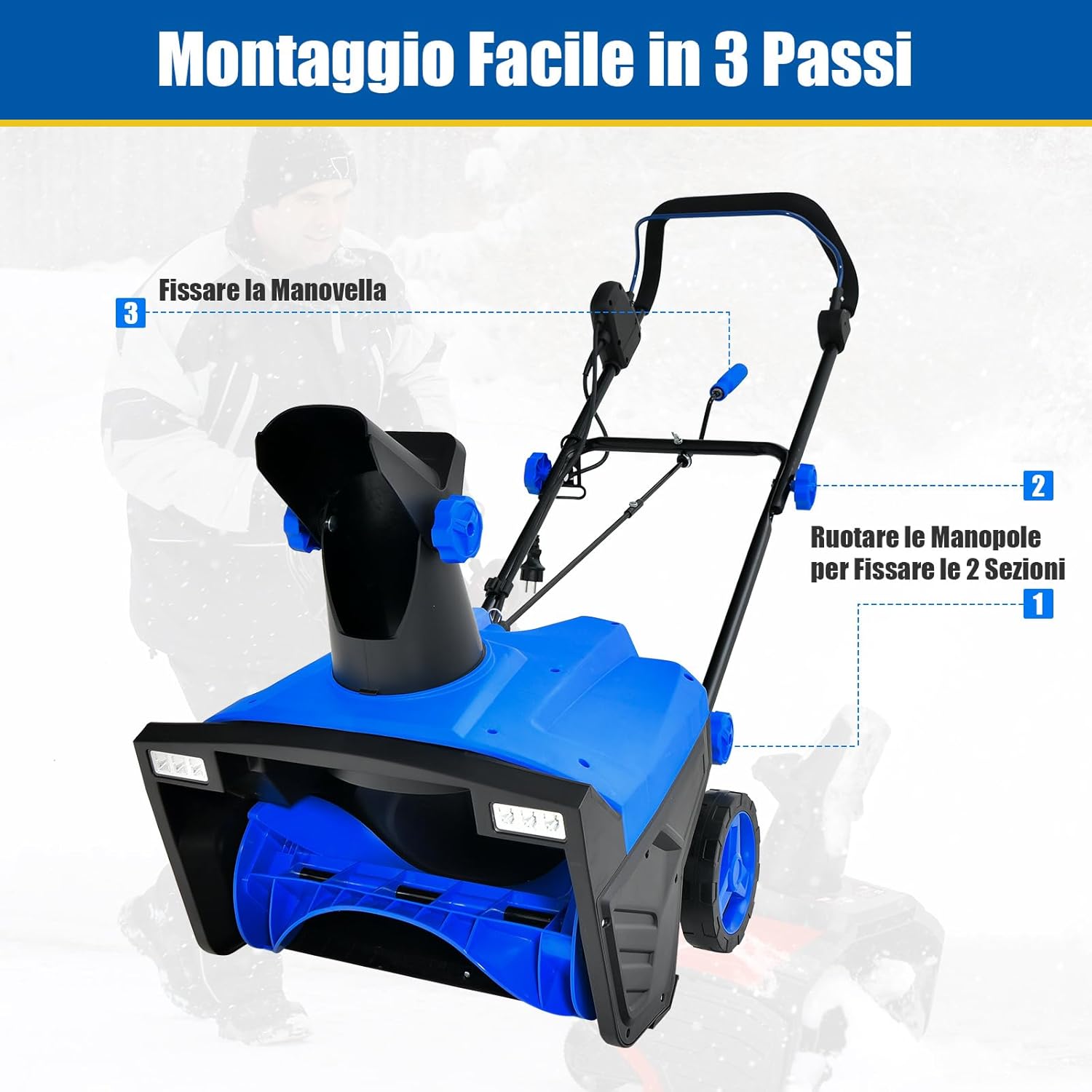 Three-step assembly guide for the electric snow blower: rotate knobs to fix sections, then secure the crank.