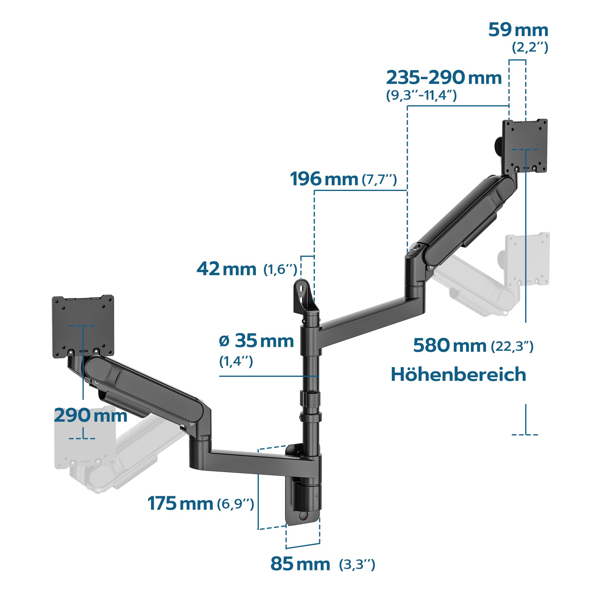 Ares Wing Soporte de Pared para 2 monitores de 24 a 57", Negro | para pantallas de hasta 27 kg/brazo, muelle de gas, soporte de pared, altura regulable, inclinable, VESA 75/100