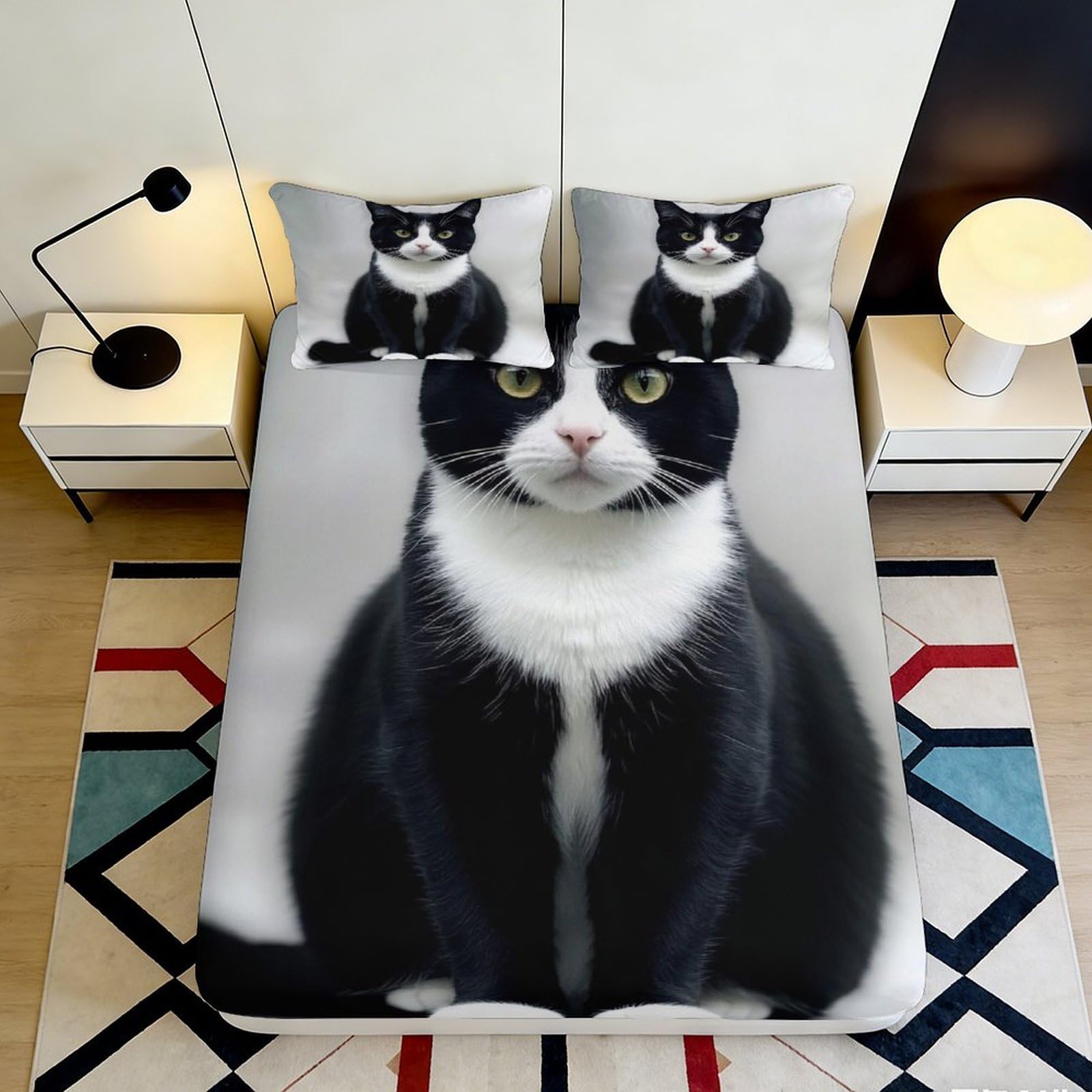 3D Printed Black Cat Fitted Sheet Microfiber Soft Breathable Tuxedo Cat Mattress Cover for Bedroom Guest Room Decor 90x200x25cm