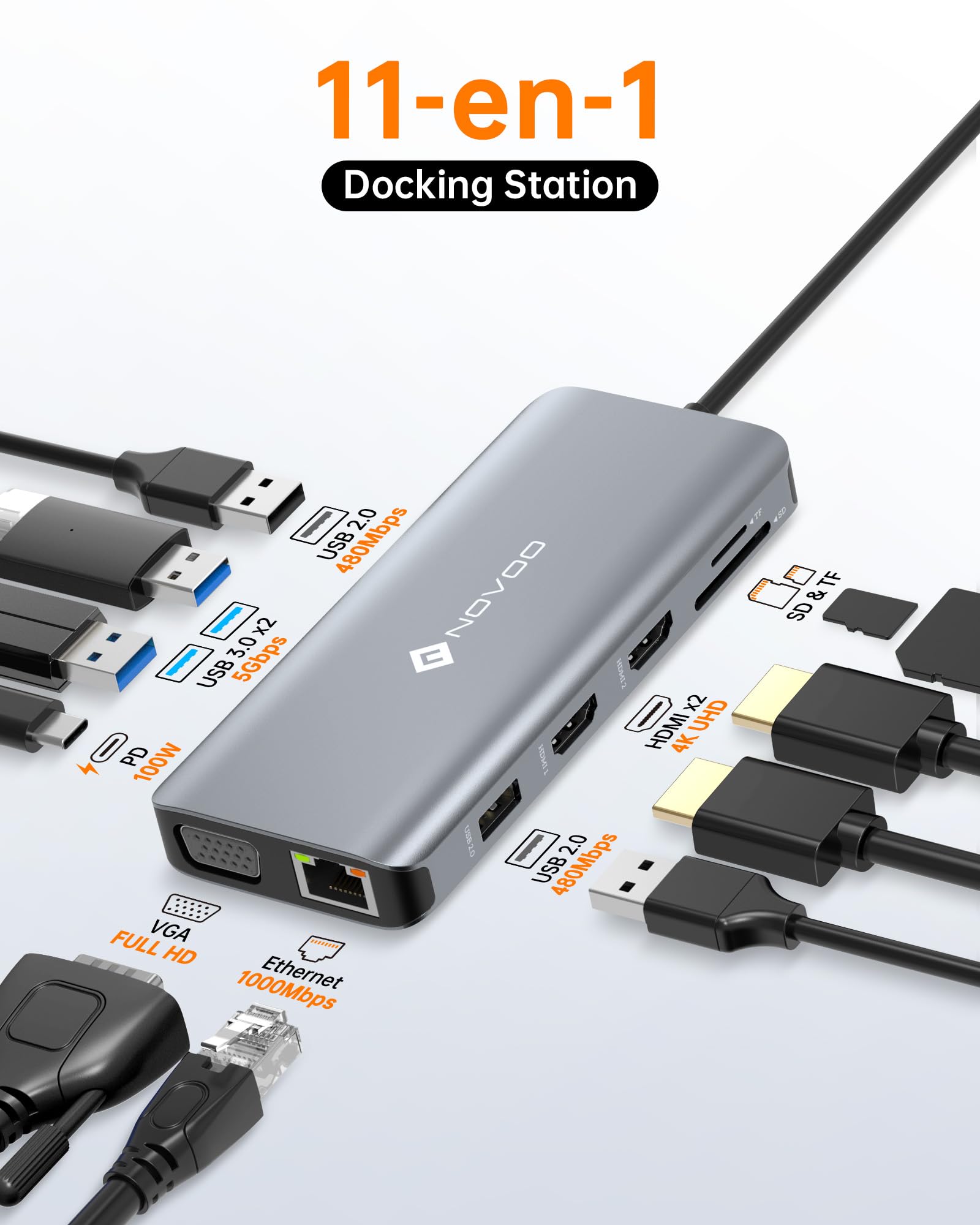 NOVOO Station d'accueil USB C 11 en 1, Docking Station Dual HDMI, Station d'accueil Adaptateur Multiport Universel pour Lenovo, Dell, Microsoft，Macbook，HP