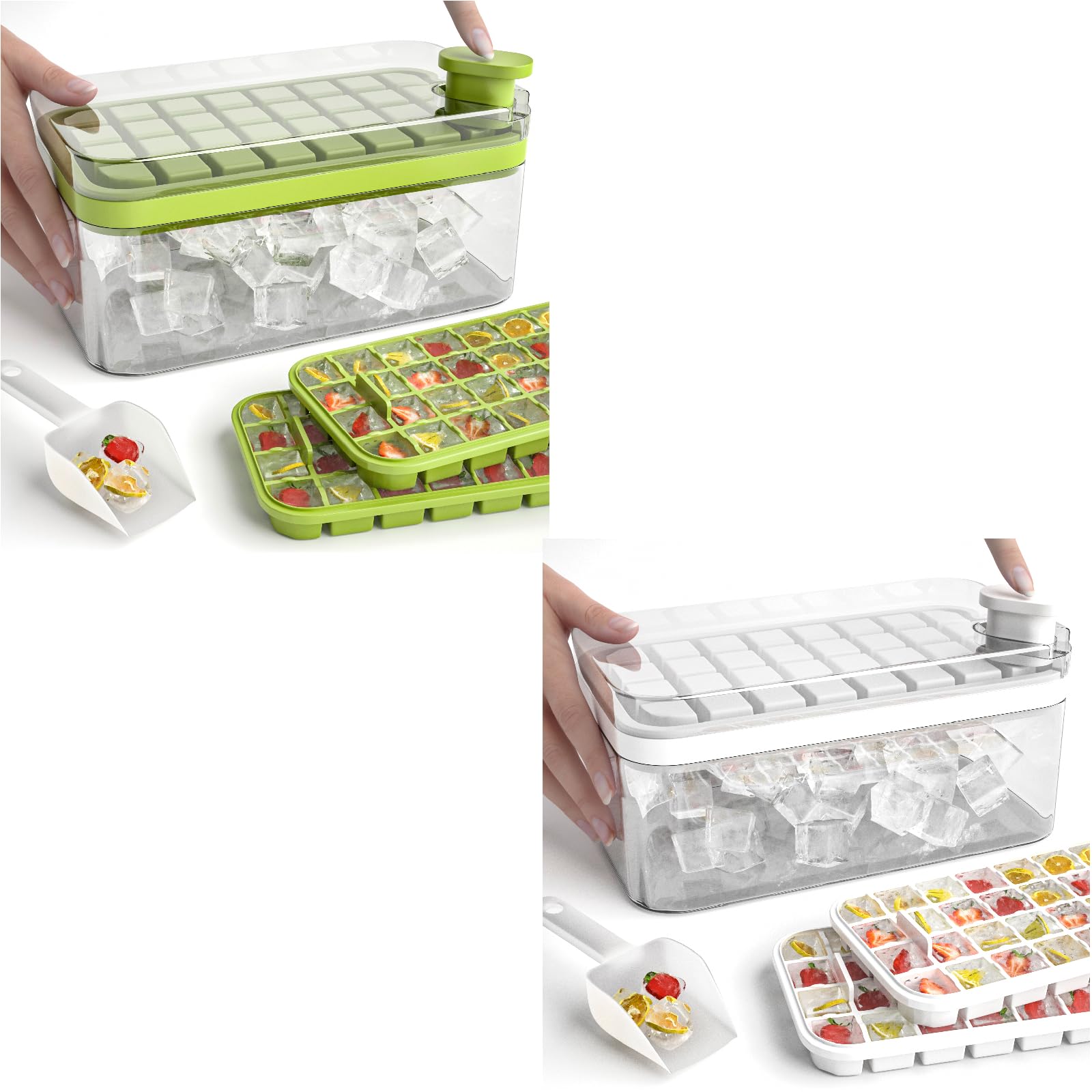 Upgraded Green and White Ice Cube Tray with Lid & Bin