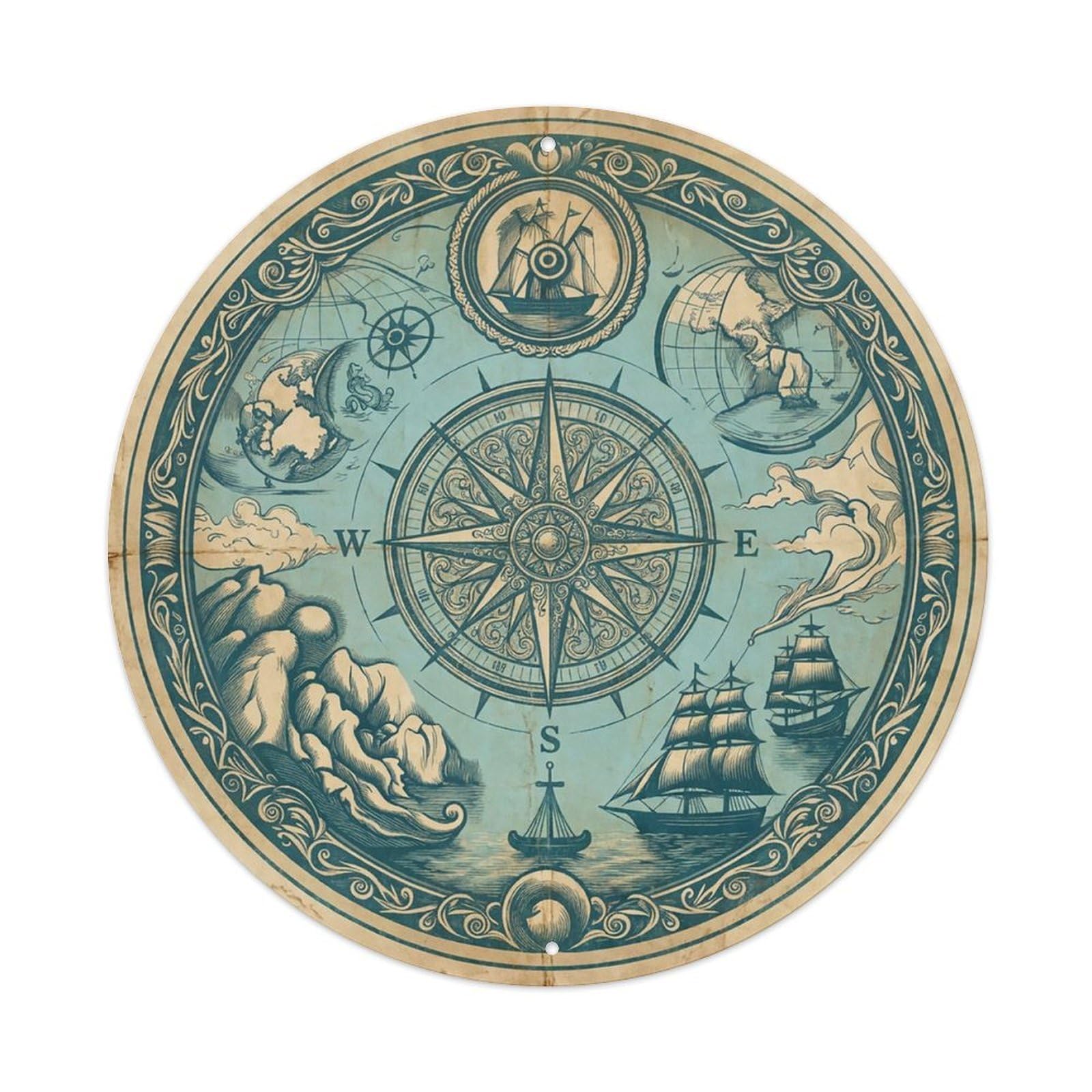Vintage Nautical Compass World Map Commencement Heritage Metal Tin Sign