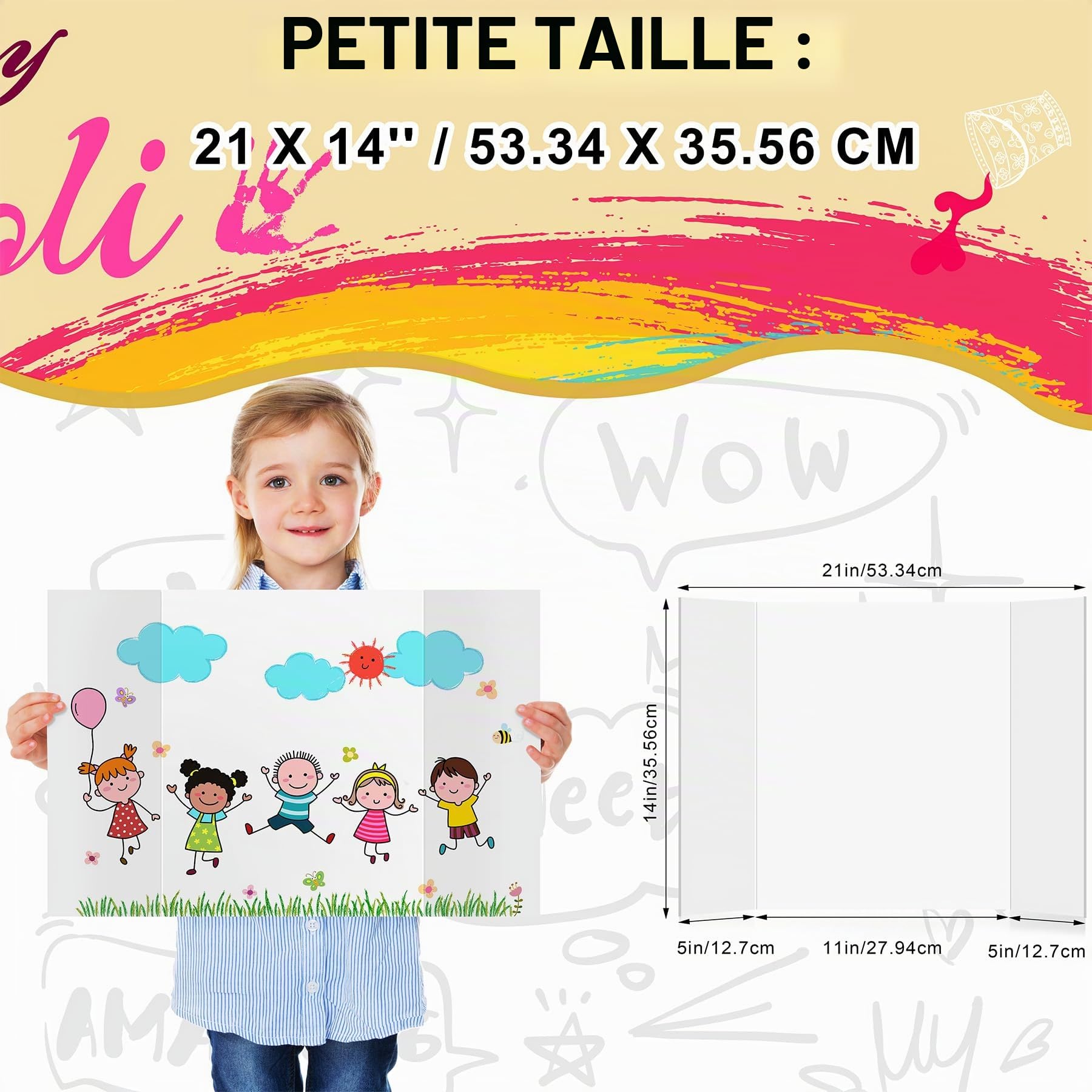 HAUTOCO Lot de 3 petits panneaux d'affichage tri-pliables, panneau d'affichage de présentation pliable 536 x 356 mm, carton ondulé léger pour afficher des photos, projets d'art et d'artisanat, blanc