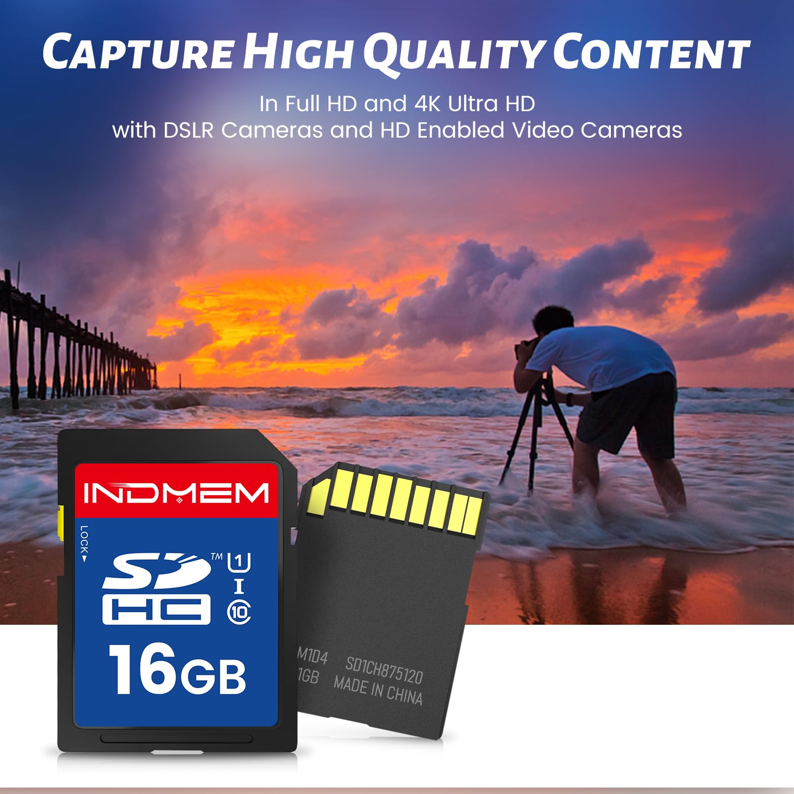 INDMEM - Scheda SD da 16 GB, confezione da 10 schede di memoria flash UHS-I classe 10 MLC, schede digitali sicure ad alta velocità per fotocamere, DSLR, Action Cam, archiviazione affidabile
