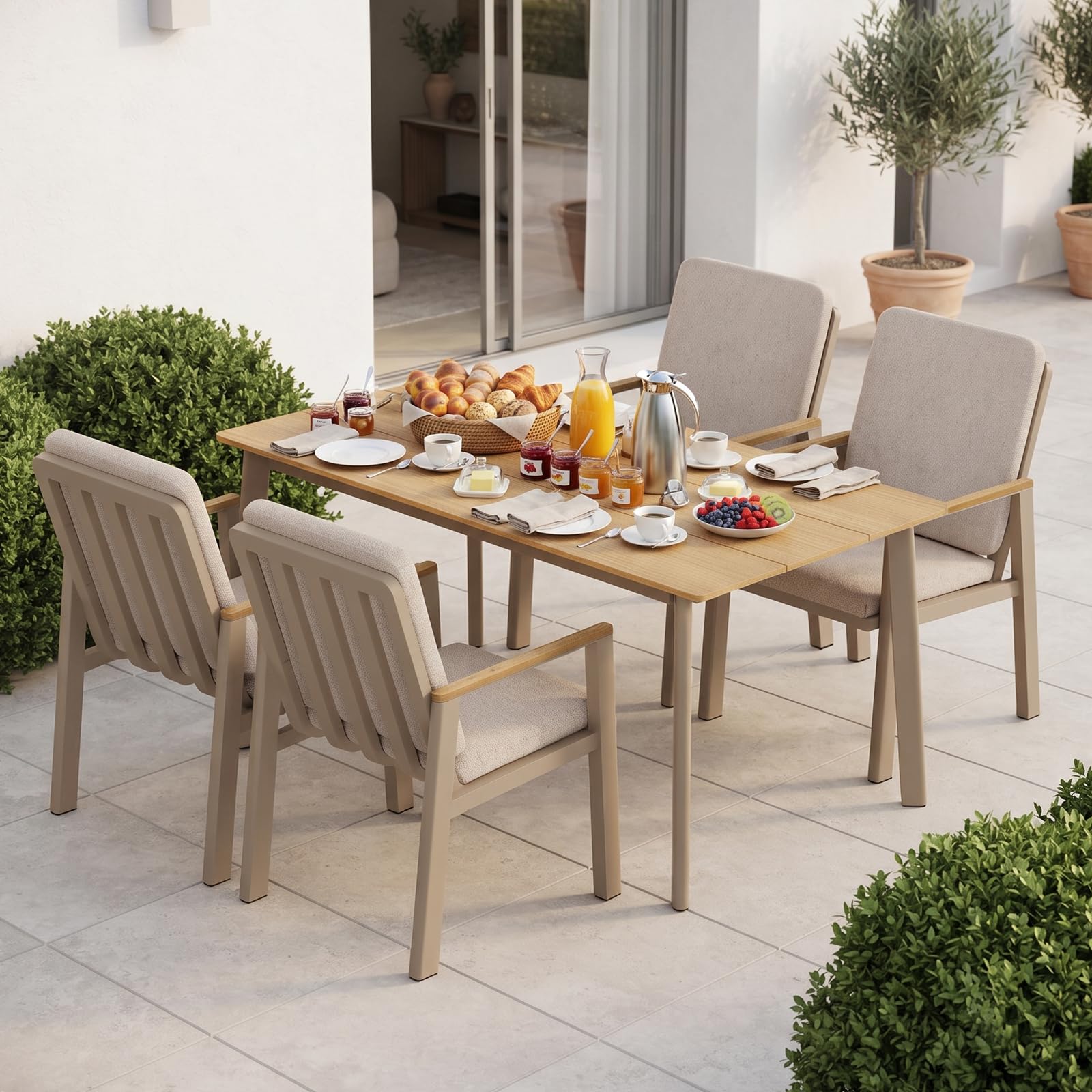 LANOX Aluminium Gartenmöbel Set mit Tisch und 4 Stühlen | Wetterfest & rostfrei, Tisch 150x80cm, Tischplatte in Holzoptik, inklusive 22D Schaumstoffpolster, für Terrasse & Garten