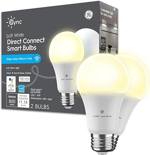 GE Lighting Cync - Bombillas LED inteligentes A19 con Bluetooth y Wi-Fi 60 W de repuesto compatible con Alexa Google Home sin hub paquete de 2