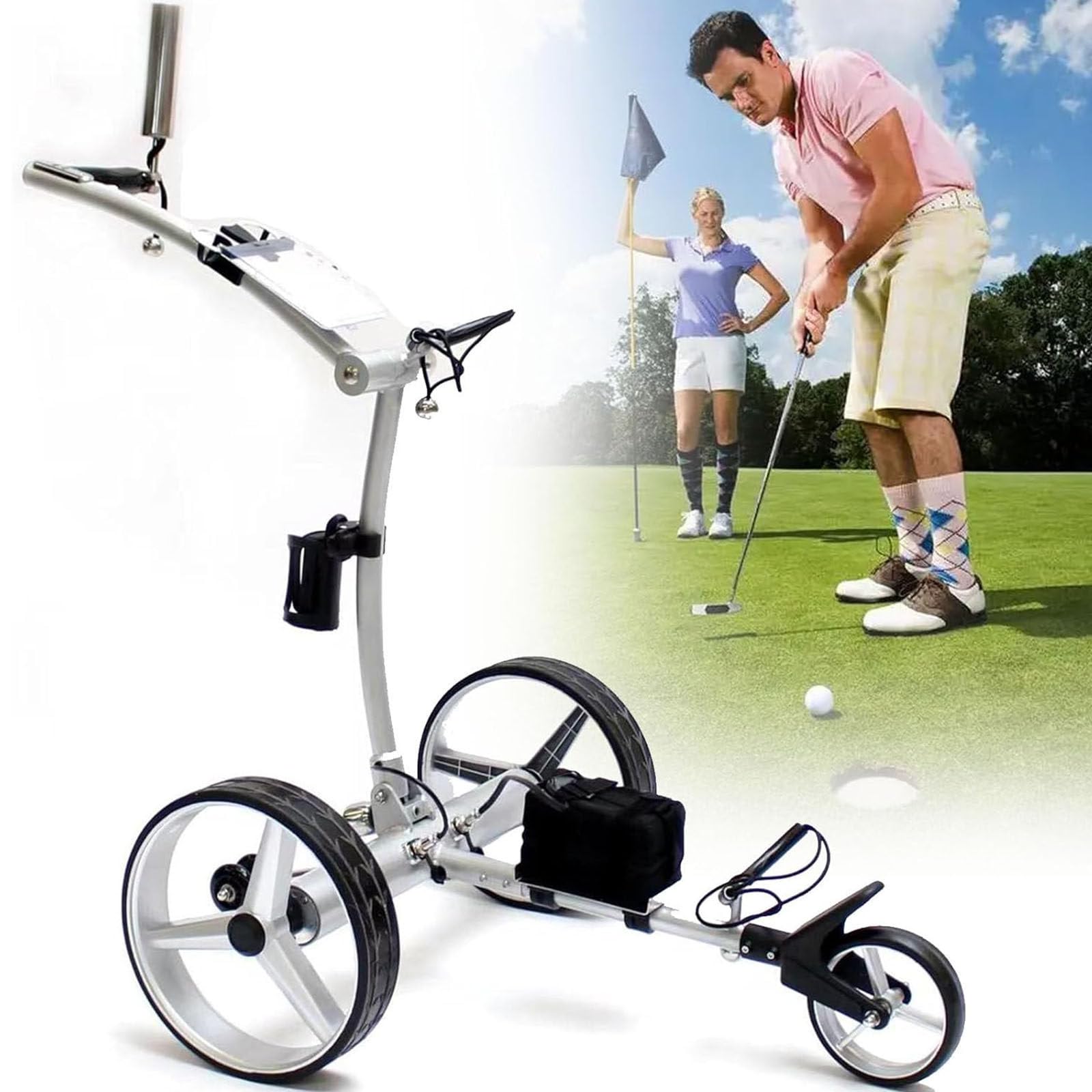 Carrello elettrico da golf, carrello pieghevole Push Pull Carrel, velocità 12km/h, salita a 30°, regolazione della velocità, leggero, funzione di memoria
