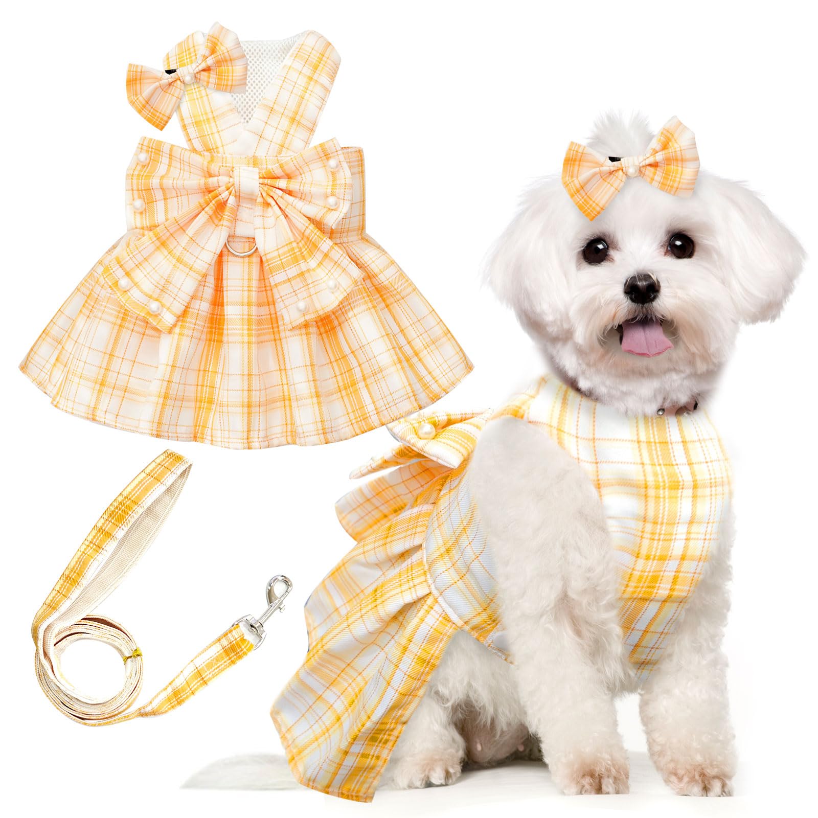 PETCARE Cute Dog Dress Clothes for Small Dogs Cats Girl Female Yellow Plaid Bow Tie Dog Harness Dresses Leash Set with Pearls Bow Accessories Birthday