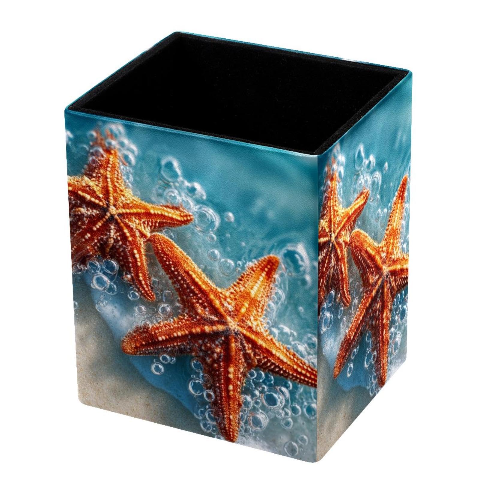 VAPOKF Pencil Holders for Desk, Beach Starfish Printed Pen Holders Pen Pot Makeup Brushes Storage Desktop Stationery Supplies Organiser for Home Office
