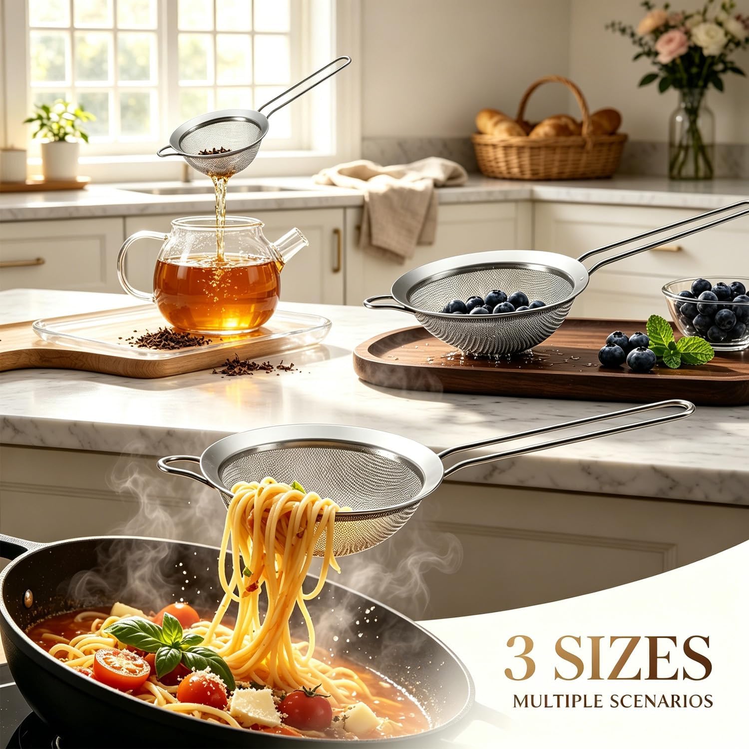 Fine Mesh Strainer Set of 3 - Stainless Steel Sieve with Handles for Kitchen, Multipurpose Metal Wire Strainers for Flour, Rice, Quinoa, Pasta, Tea, Noodles & Food (2.8", 4.7", 7")