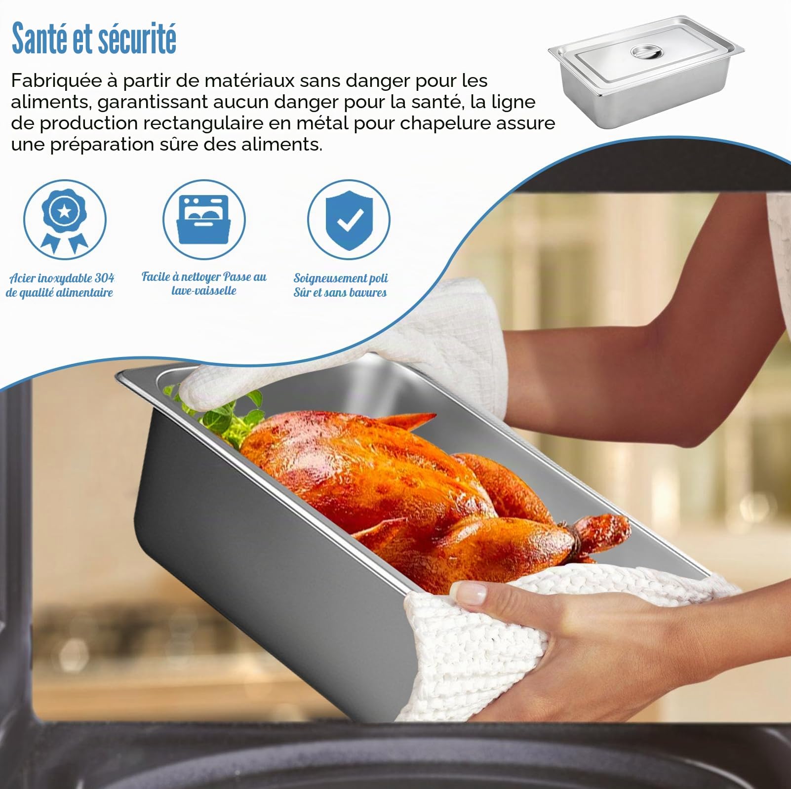 3 Pièces Bac Inox Alimentaire: Plat Four Rectangulaire, Plat Four Avec Couvercle, 32,5x17,5x6,5 cm, Durable et Facile à Nettoyer pour Cuisine, Restaurant