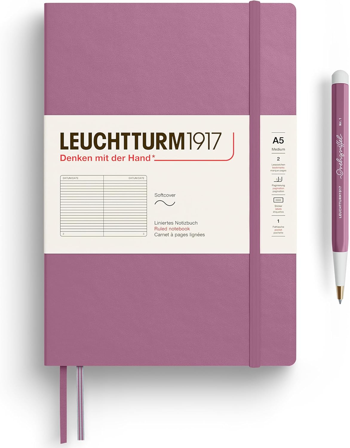 LEUCHTTURM1917 - Notebook Softcover Medium A5-123 Numbered Pages for Writing and Journaling - Thinking Ahead (Ruled Paper, Dusty Rose)