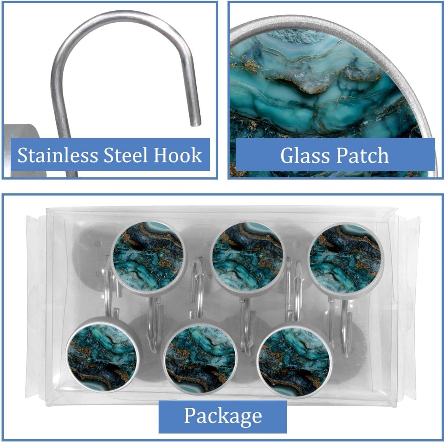 Set of 12 Turquoise Marble (1) Shower Curtain Hooks, Stainless Steel Rust-Resistant Decorative Hanger Rings