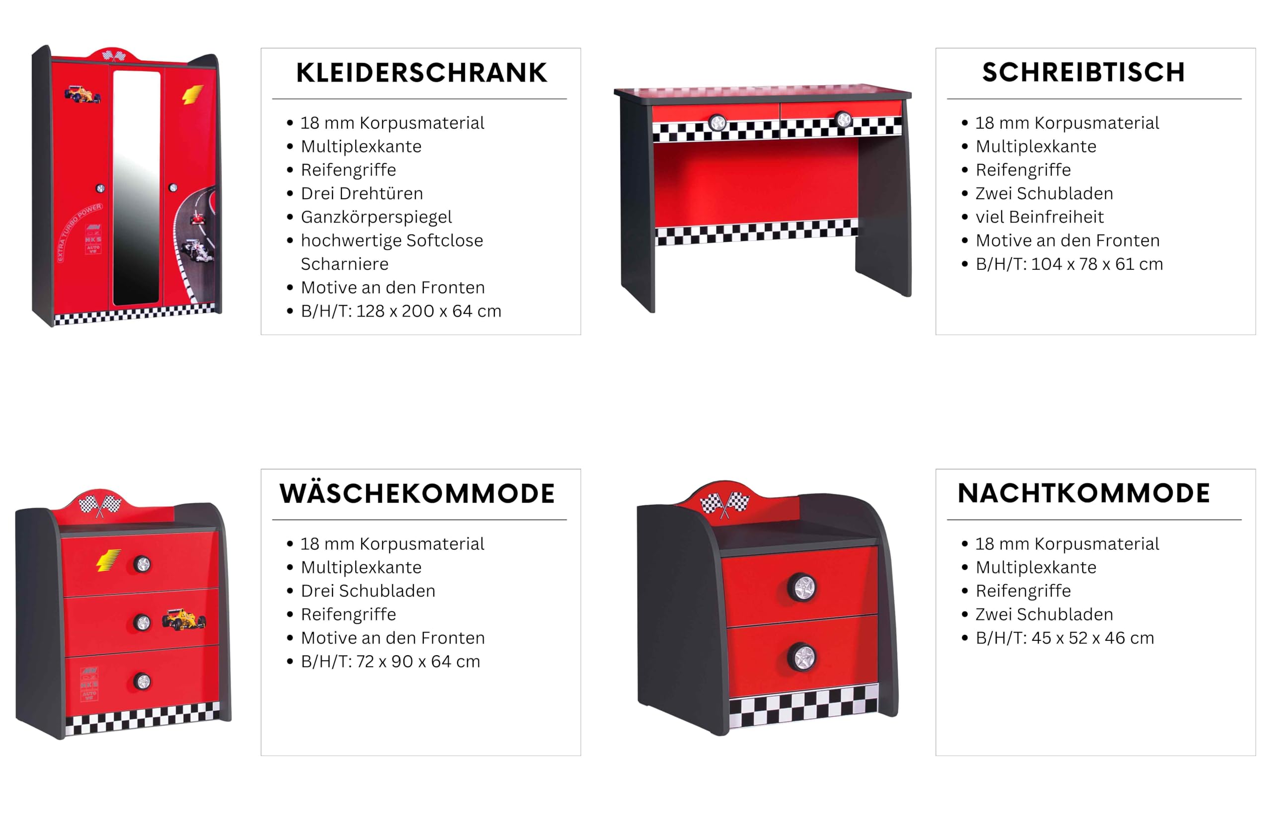 Kinderzimmer Komplett Set Jugendzimmer Kindermöbel 5 teilig mit Autobett Rio (inkl. Wandregal)