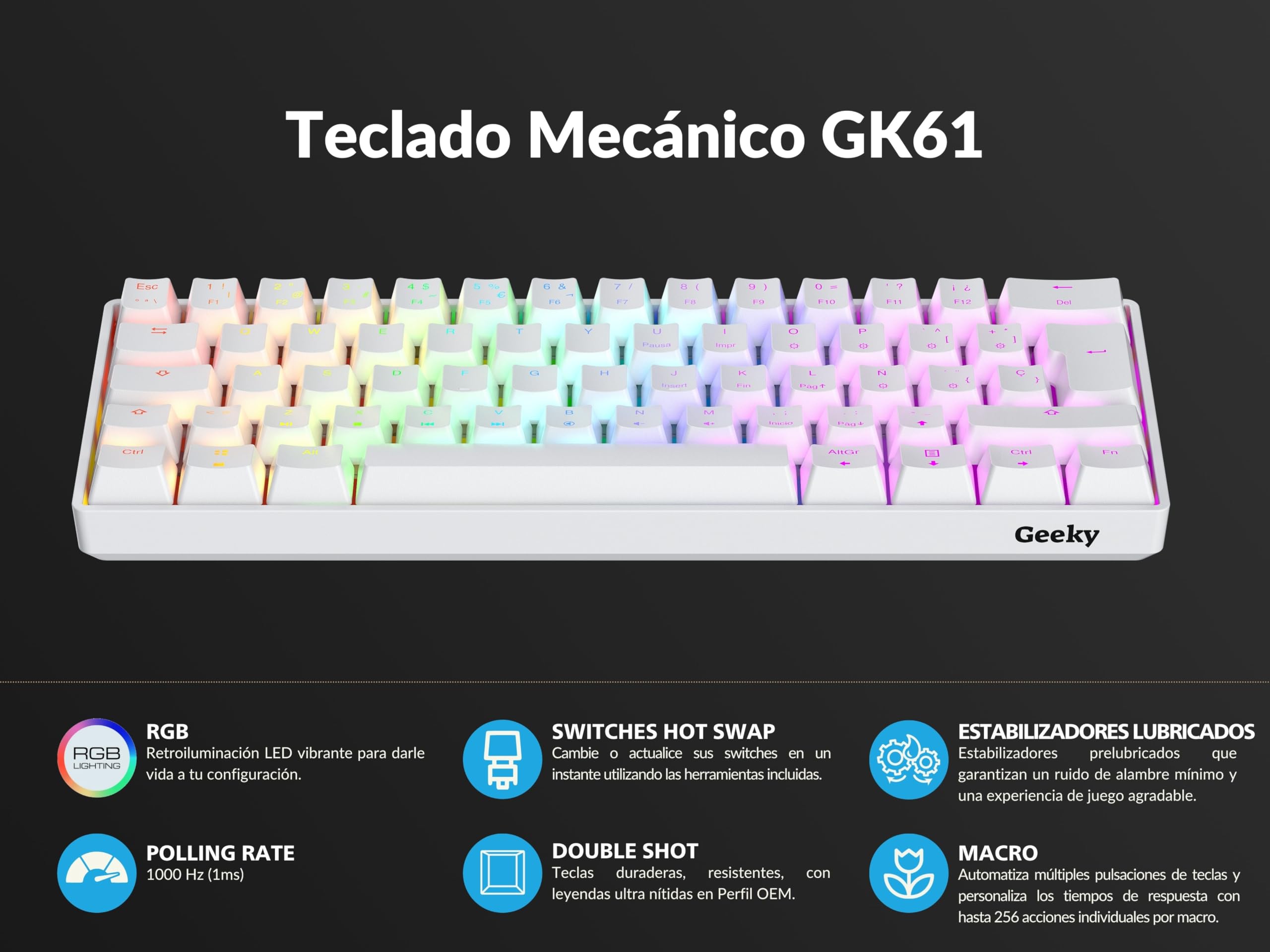 Geeky GK61 60% | Hot Swappable Tastiera da Gioco Meccanica | 62 Tasti Multi Colore RGB LED Retroilluminati per Gaming su PC/Mac | ISO ES Tastiera Spagnola + LATAM (Bianco, Mechanical Speed Silver)