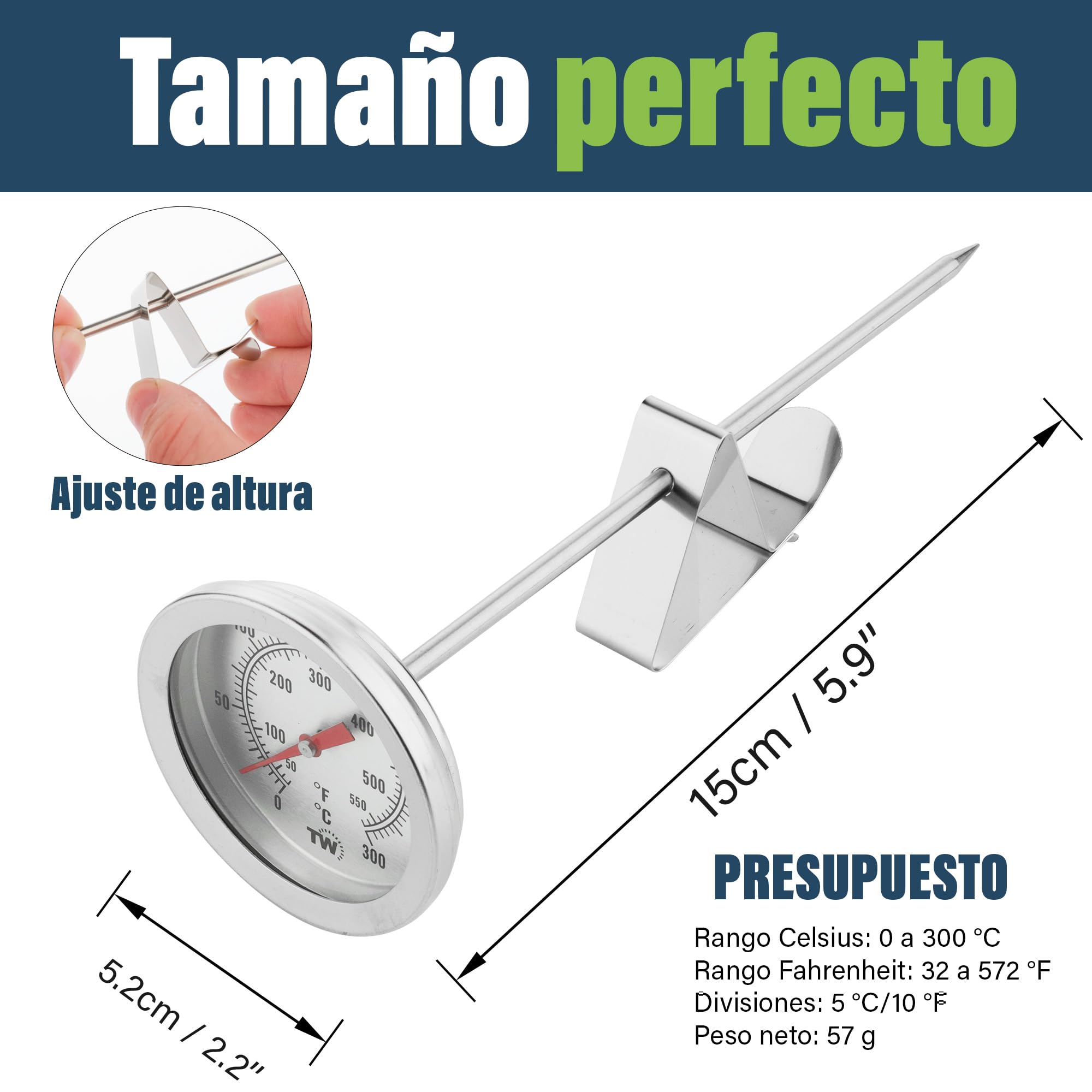 Termómetro de caramelo profesional con clip, sonda de acero inoxidable para cocina