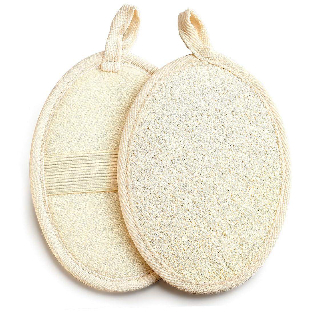 AAED Paquete de 2 esponjas de lufa exfoliante natural con esponja de lufa de banda elástica para hombres y mujeres limpieza profunda de la piel, baño, spa, ducha cuidado corporal