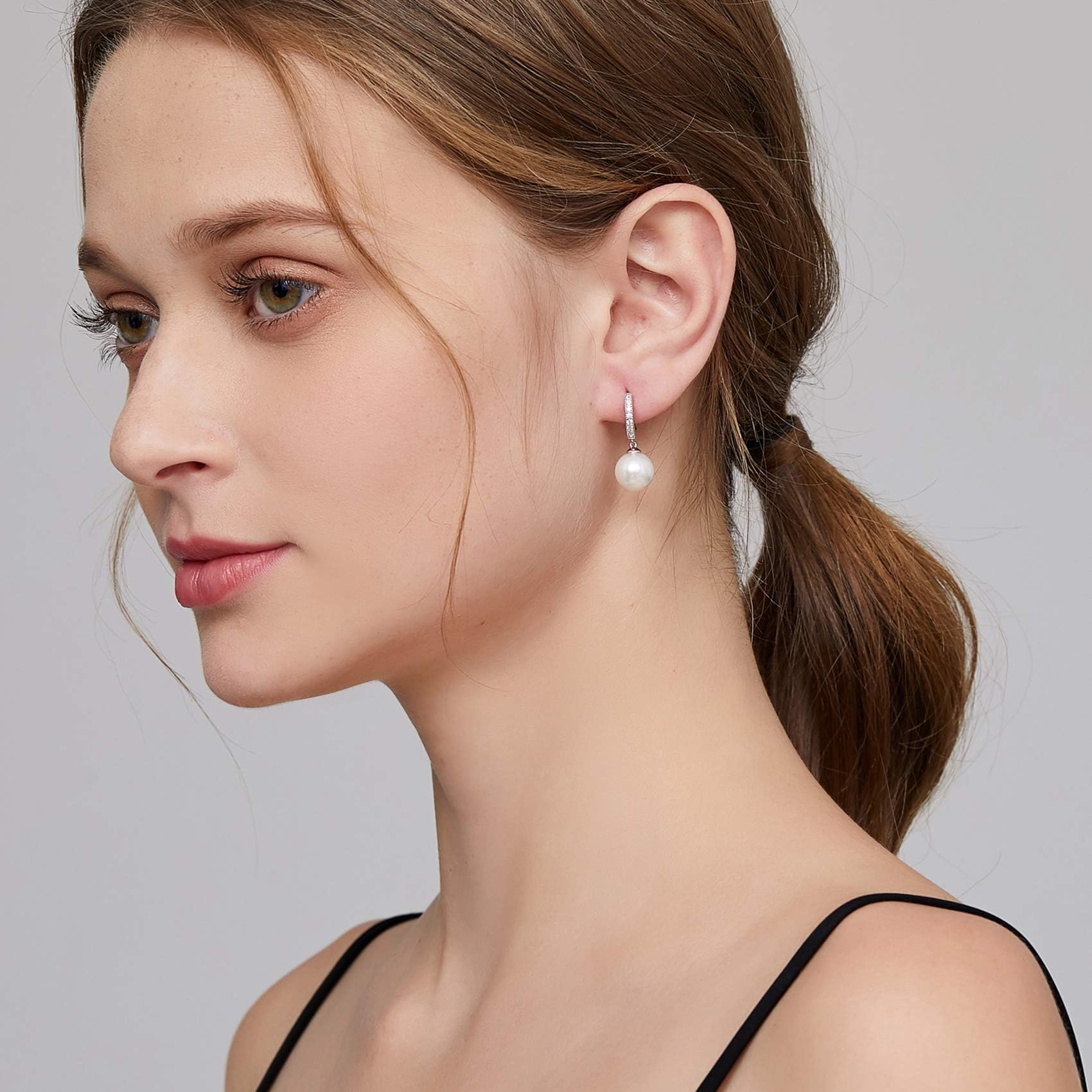 Perlenohrringe 925 Sterling Silber Perlen Creolen Huggie Ohrringe Hängend Perlen mit Zirkonia Diamanten Schmuck Geschenke für Damen Braut Hochzeit 10 mm