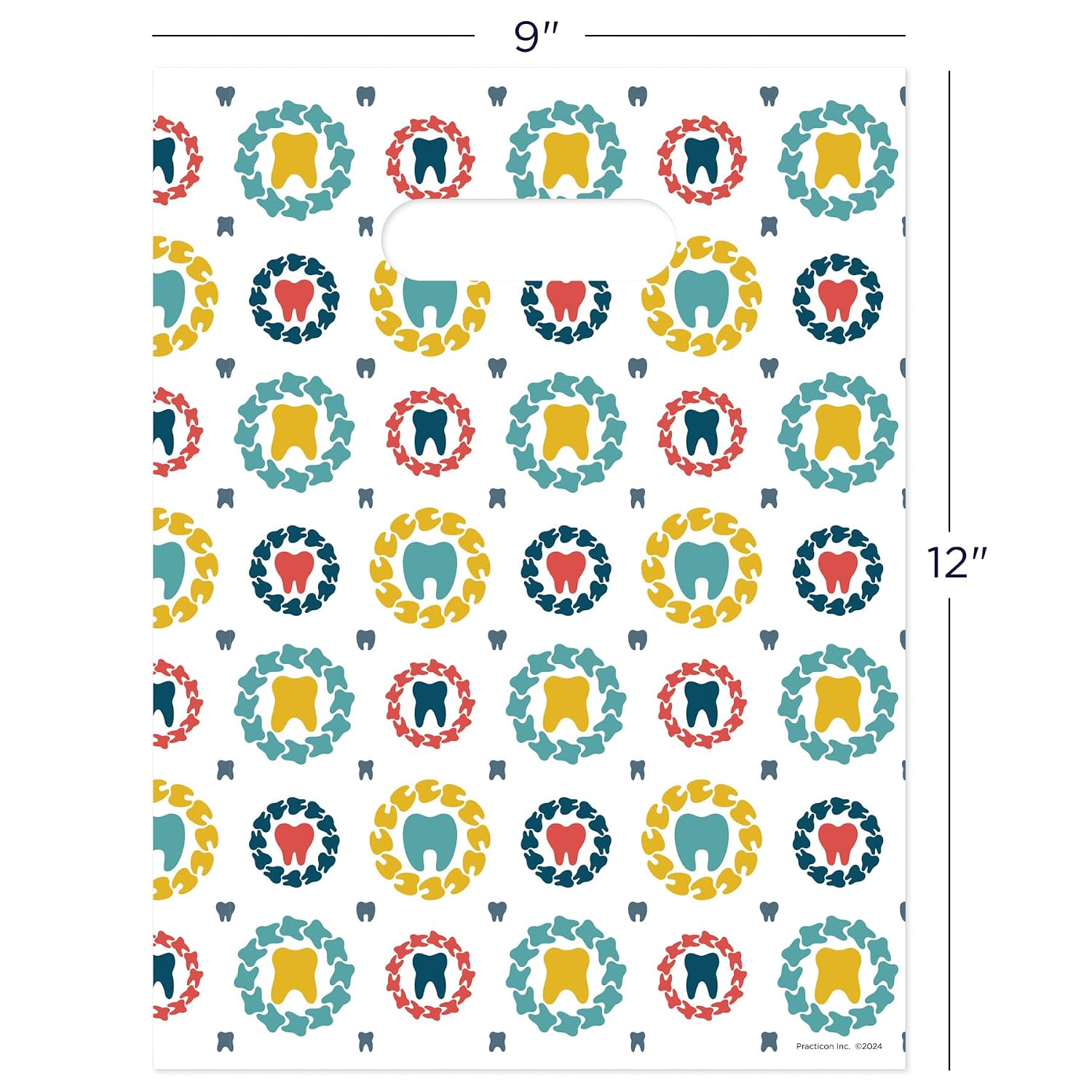 Practicon Tooth Medallions 9" x 12" Dental Giveaway Bag, Dental Hygiene Patient Care Goodie Bag, Dentist Office Plastic Gift Bags, 100 Pack